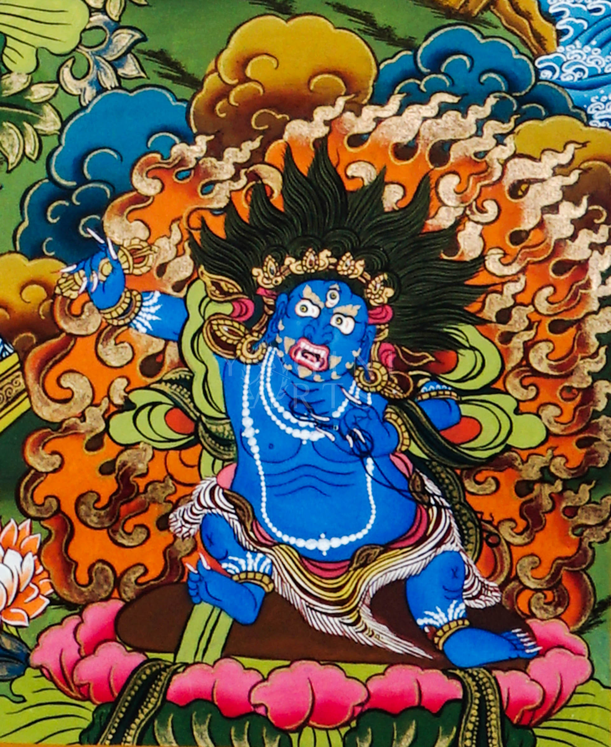 Hand-painted Tibetan thangka of Thousand-Armed Avalokiteshvara seated on a lotus throne surrounded by countless sacred arms, ritual implements, and traditional Himalayan Buddhist ornamentation.