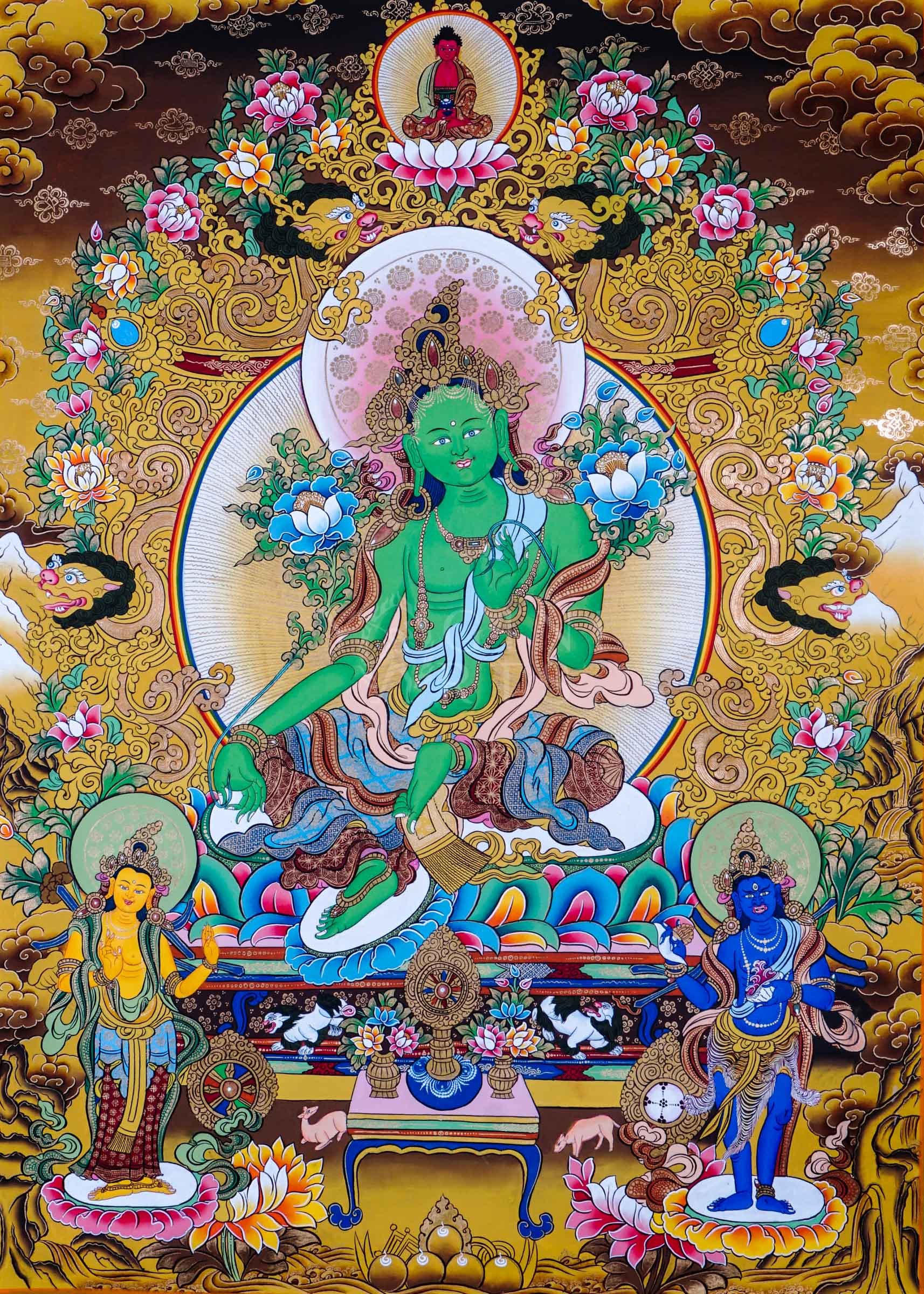 Green Tara seated on a lotus throne surrounded by floral ornamentation, sacred Buddhist symbolism, and traditional Himalayan decorative motifs.