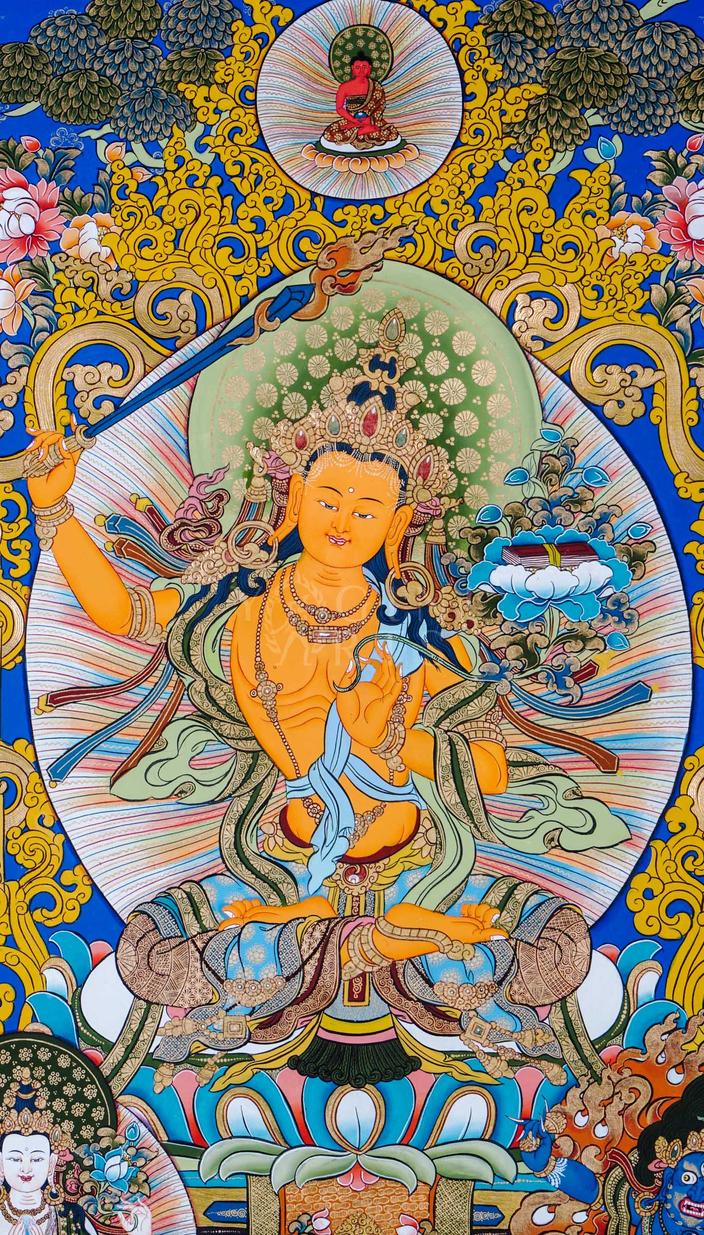 Manjushree holding the flaming sword of wisdom and lotus-borne scripture, surrounded by sacred Buddhist ornamentation and traditional Himalayan motifs.