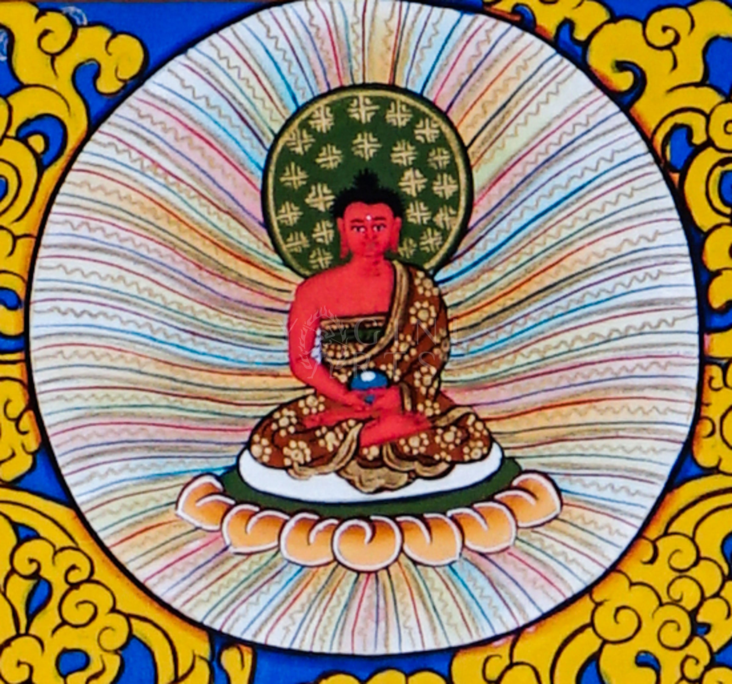 Manjushree holding the flaming sword of wisdom and lotus-borne scripture, surrounded by sacred Buddhist ornamentation and traditional Himalayan motifs.