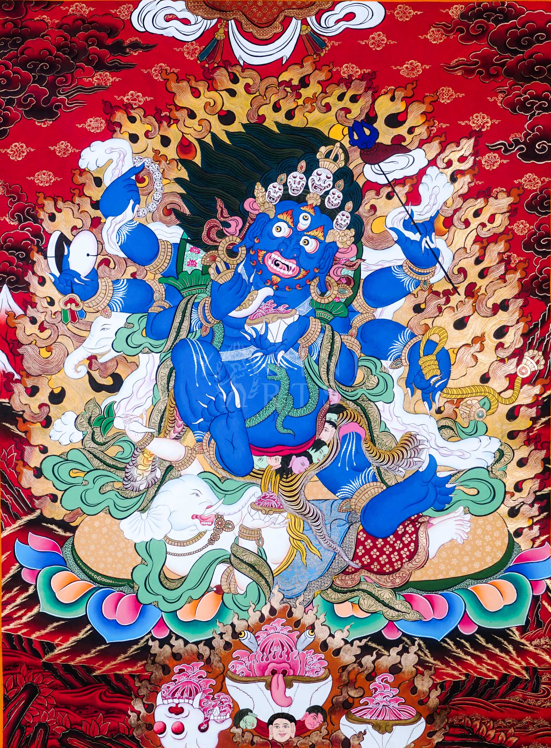 Hand-painted Tibetan thangka of Six-Armed Mahakala surrounded by blazing wisdom flames, holding sacred tantric implements against a vivid red Himalayan background.