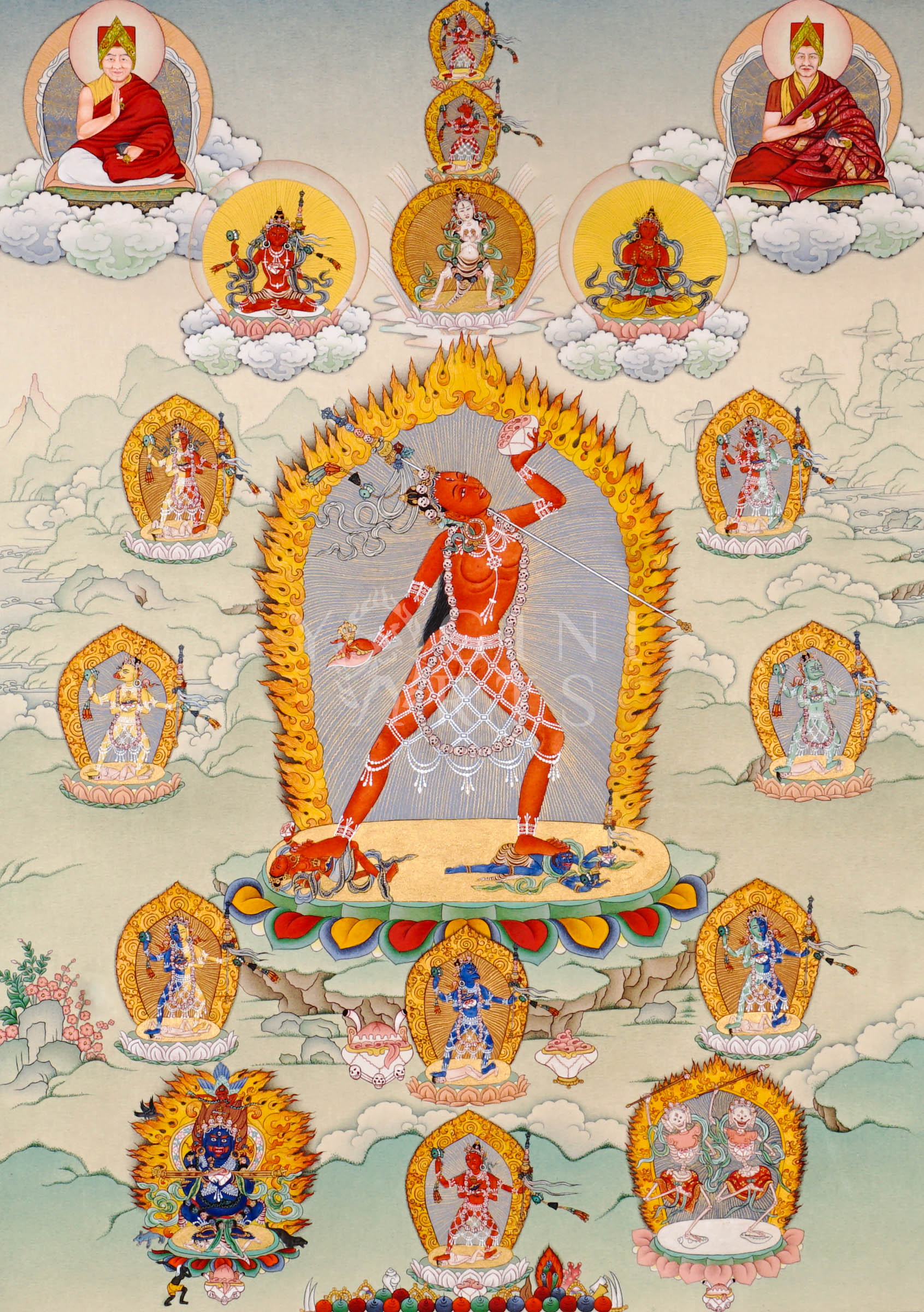 Yogini thangka featuring a wrathful red tantric female deity surrounded by flames with attendant Buddhist figures and sacred Vajrayana symbolism