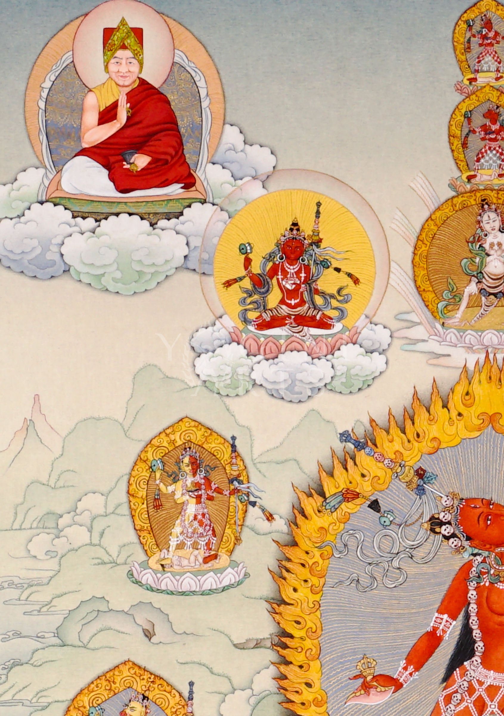 Yogini thangka featuring a wrathful red tantric female deity surrounded by flames with attendant Buddhist figures and sacred Vajrayana symbolism