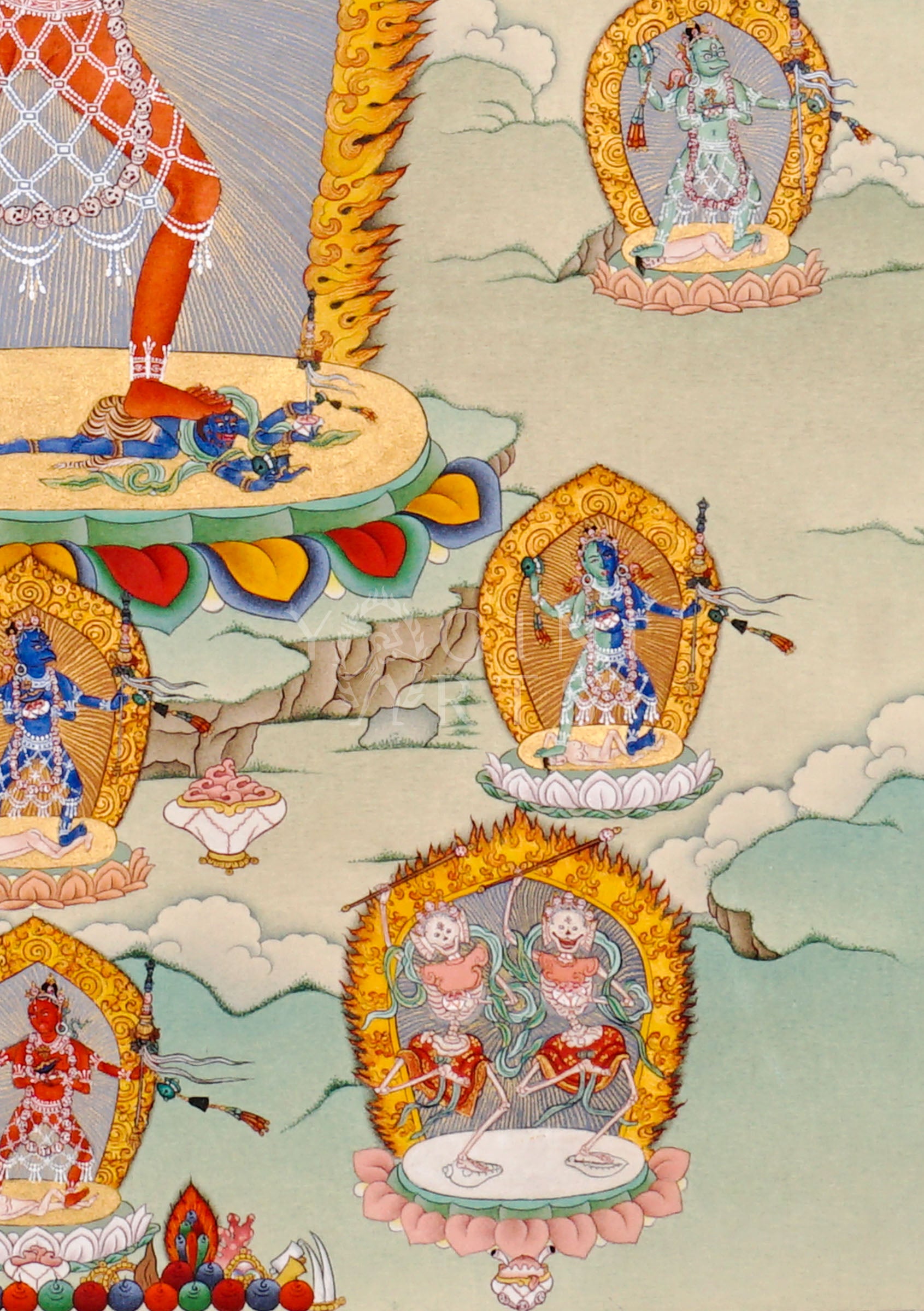 Yogini thangka featuring a wrathful red tantric female deity surrounded by flames with attendant Buddhist figures and sacred Vajrayana symbolism