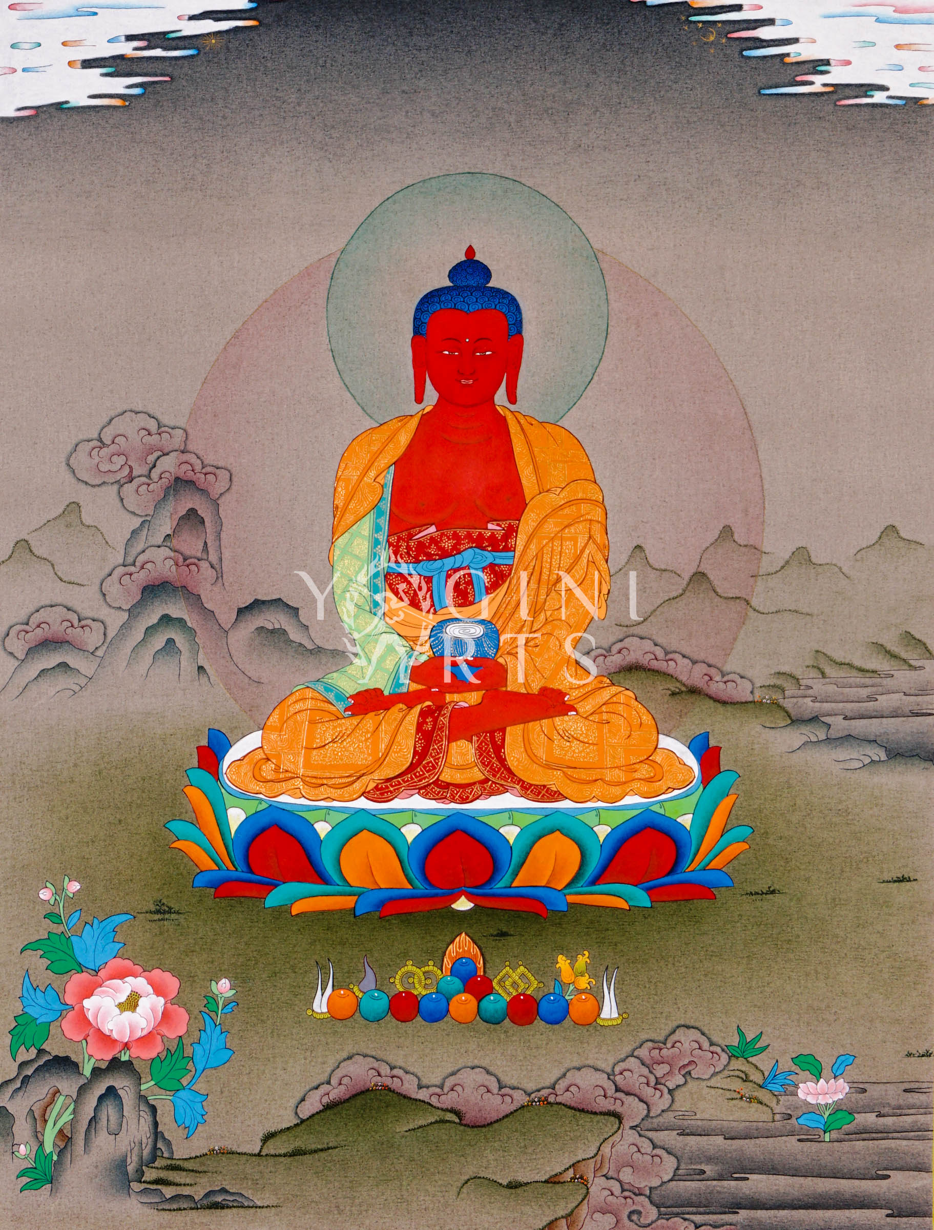 Hand-painted Amitabha Buddha thangka featuring the red Buddha seated in meditation holding an alms bowl on a lotus throne within a peaceful Himalayan landscape