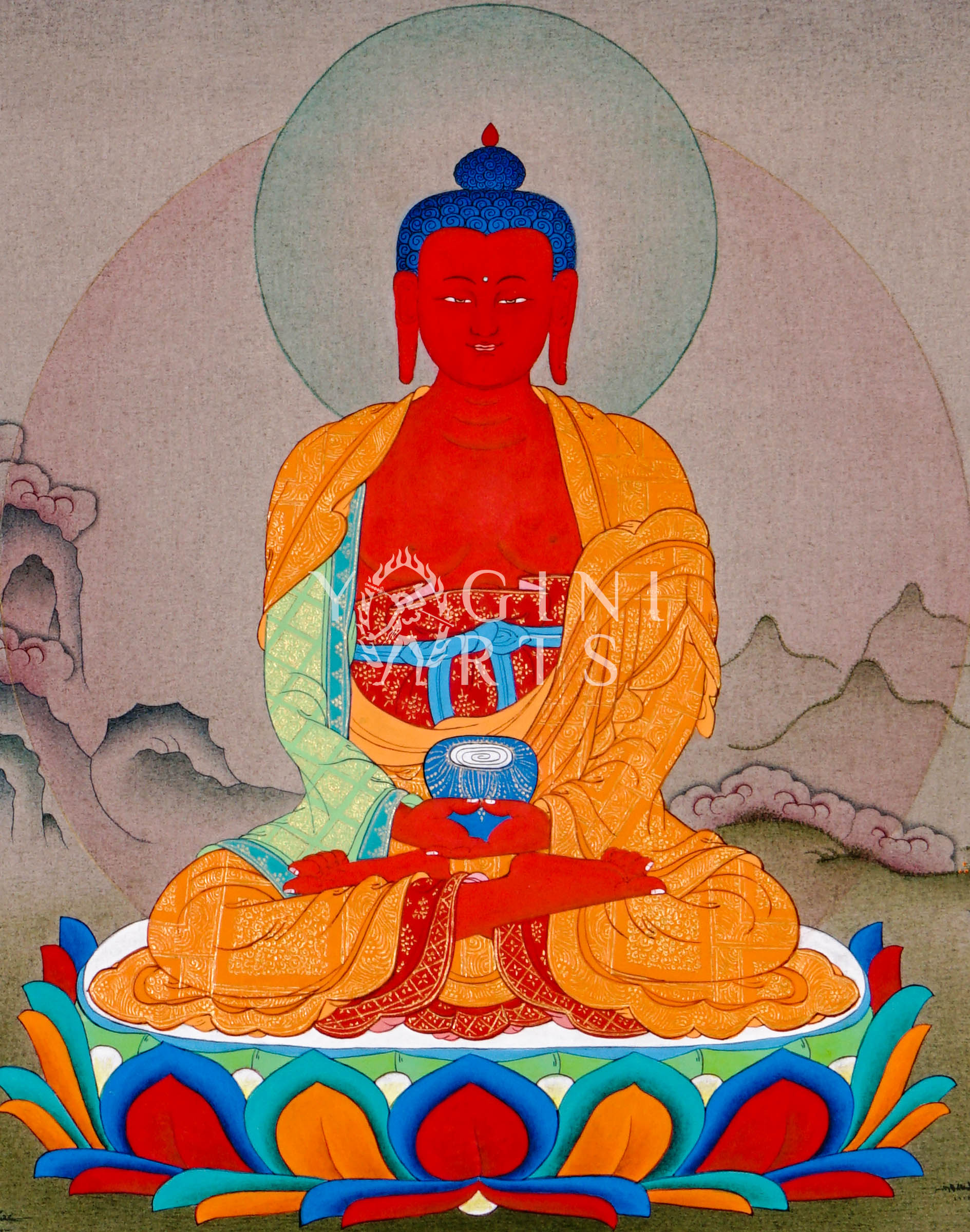 Hand-painted Amitabha Buddha thangka featuring the red Buddha seated in meditation holding an alms bowl on a lotus throne within a peaceful Himalayan landscape