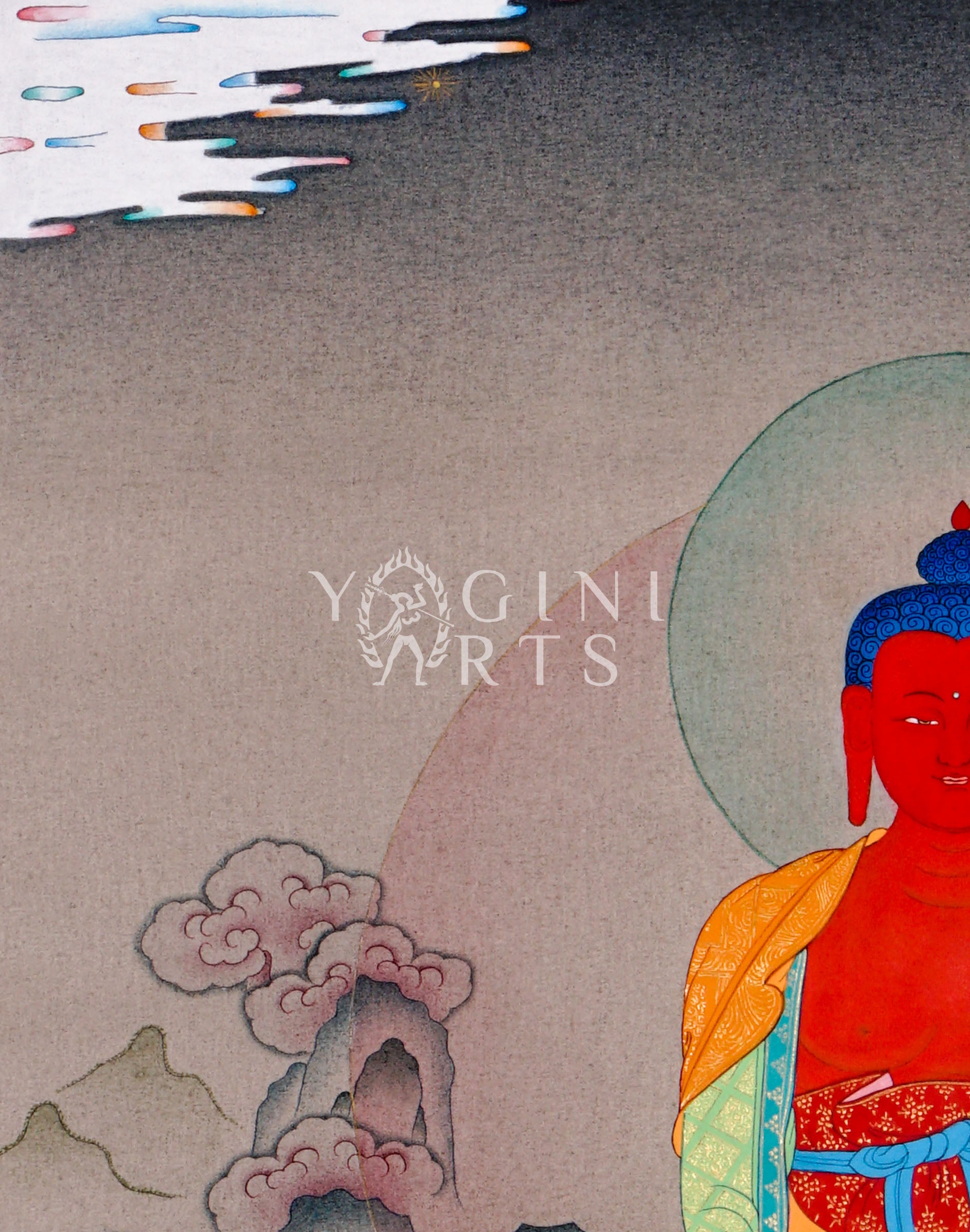 Hand-painted Amitabha Buddha thangka featuring the red Buddha seated in meditation holding an alms bowl on a lotus throne within a peaceful Himalayan landscape