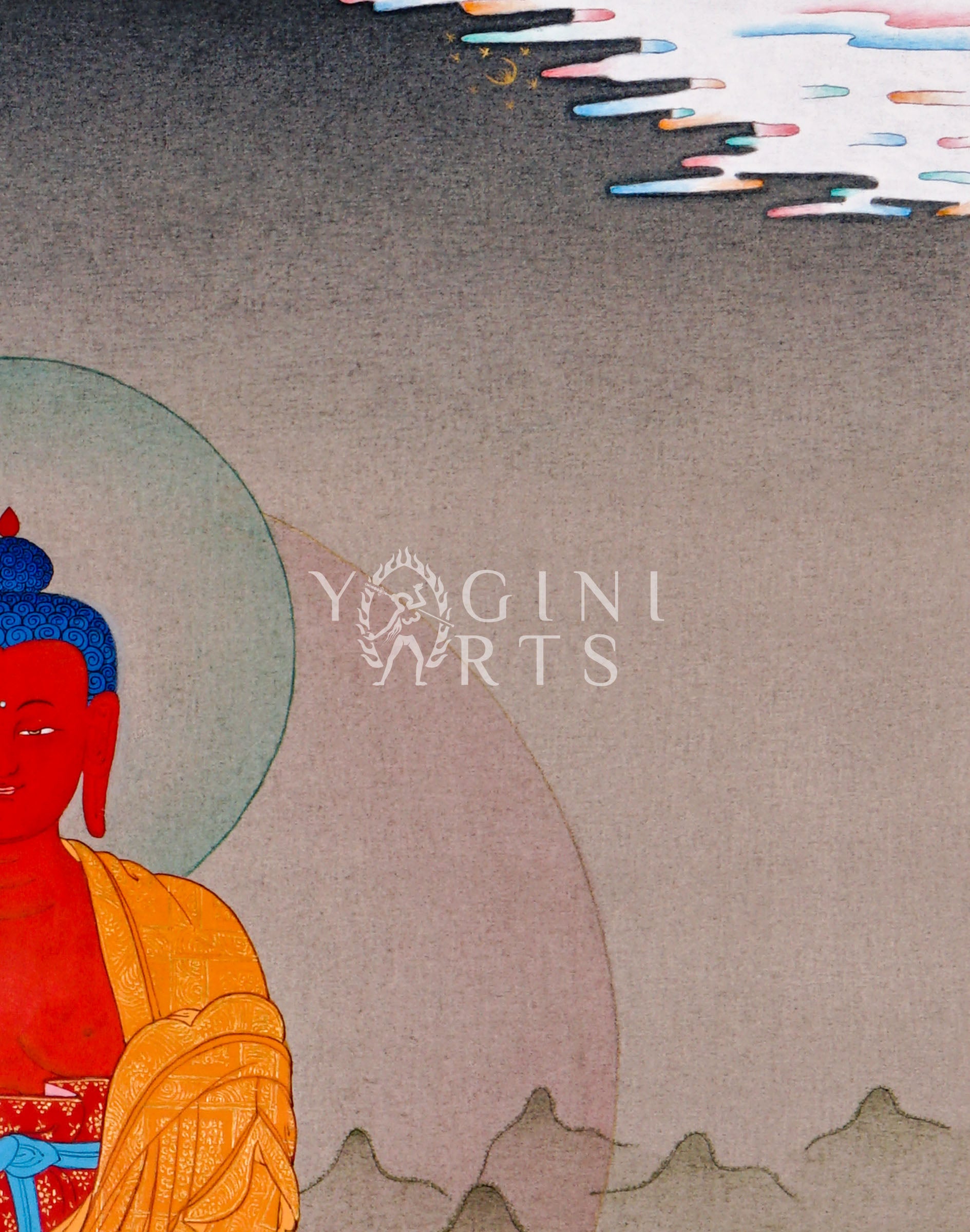 Hand-painted Amitabha Buddha thangka featuring the red Buddha seated in meditation holding an alms bowl on a lotus throne within a peaceful Himalayan landscape