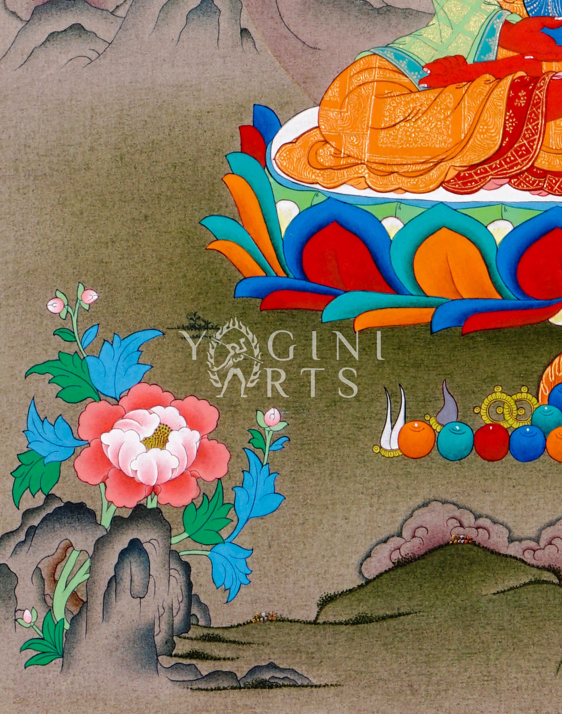 Hand-painted Amitabha Buddha thangka featuring the red Buddha seated in meditation holding an alms bowl on a lotus throne within a peaceful Himalayan landscape