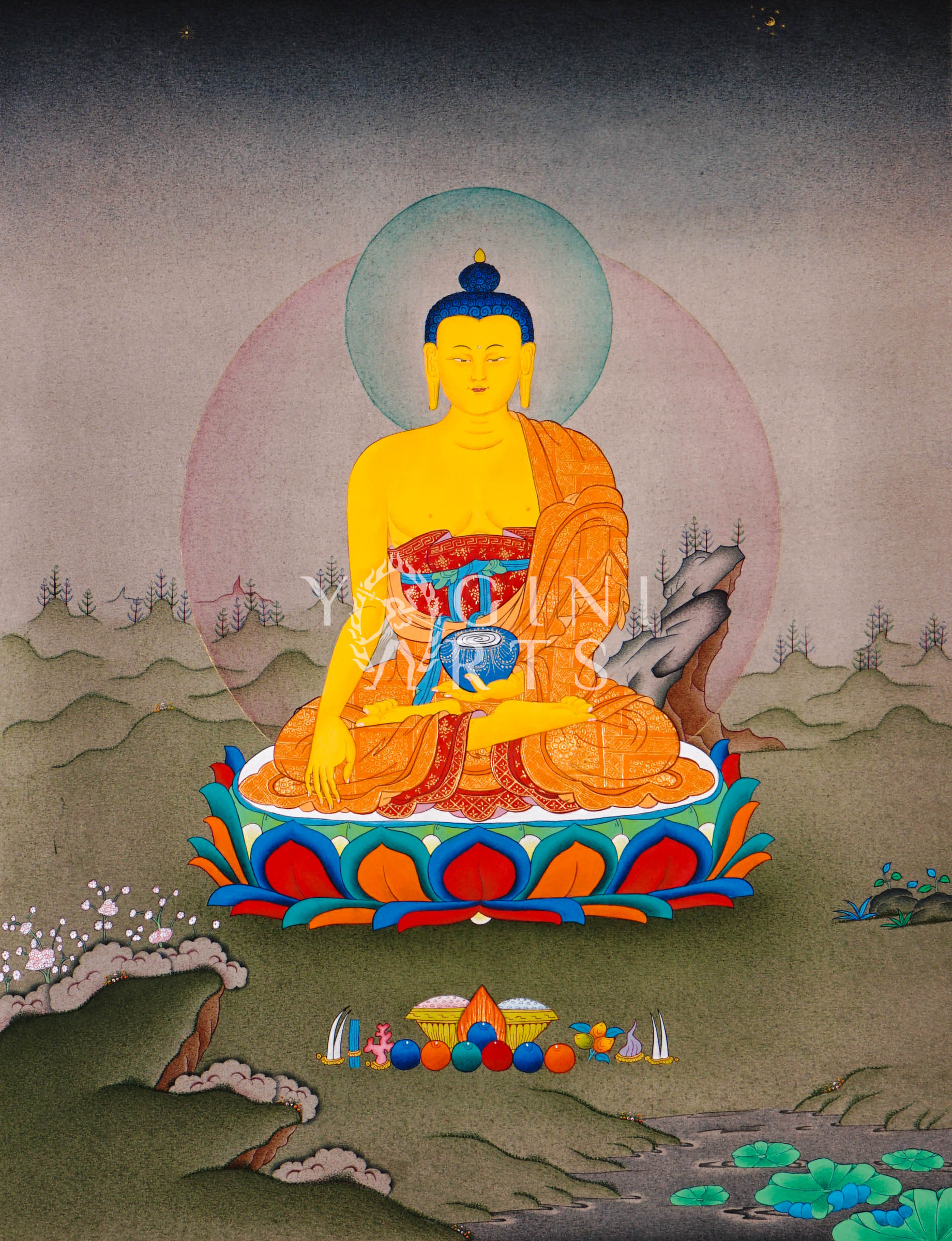 Hand-painted Shakyamuni Buddha thangka featuring the historical Buddha seated on a lotus throne in earth-touching mudra holding an alms bowl within a Himalayan landscape