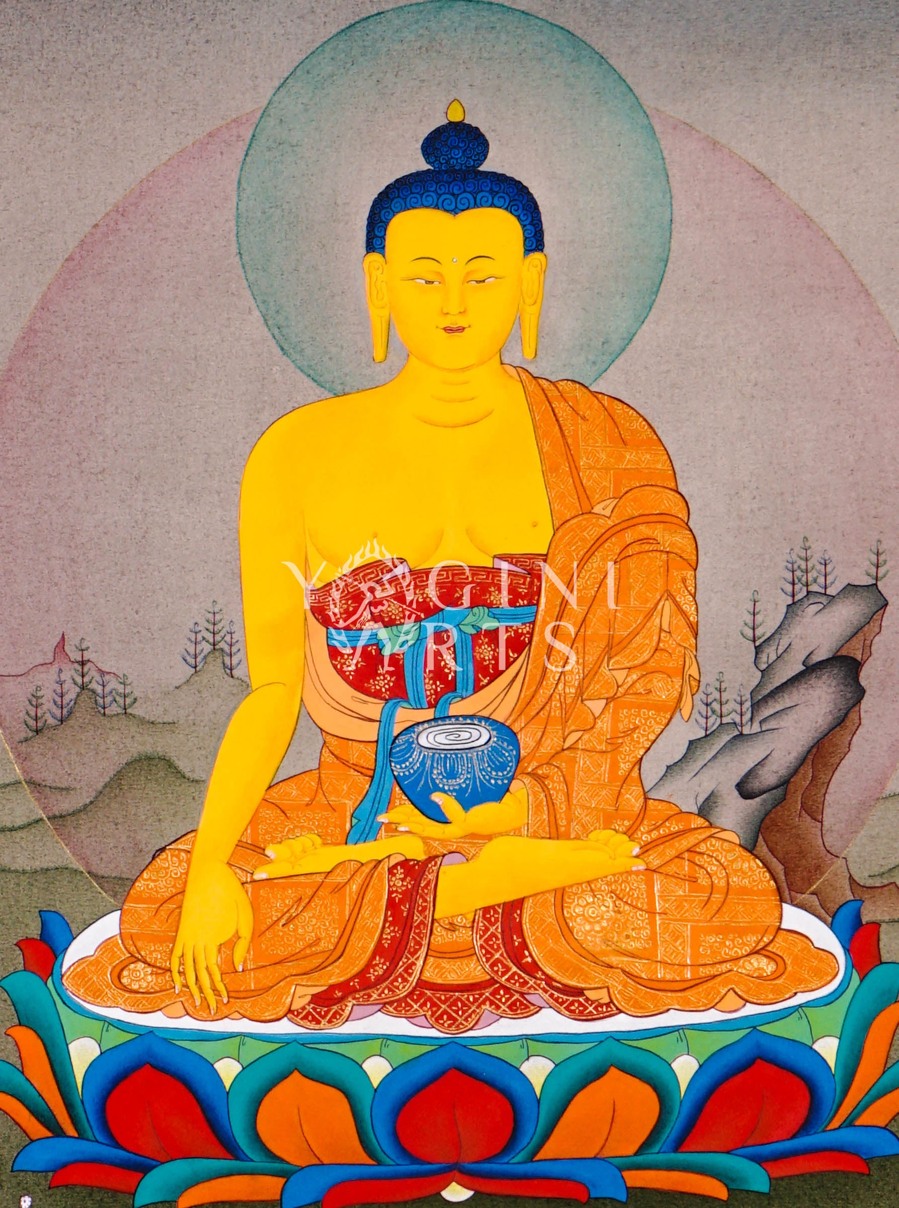 Hand-painted Shakyamuni Buddha thangka featuring the historical Buddha seated on a lotus throne in earth-touching mudra holding an alms bowl within a Himalayan landscape