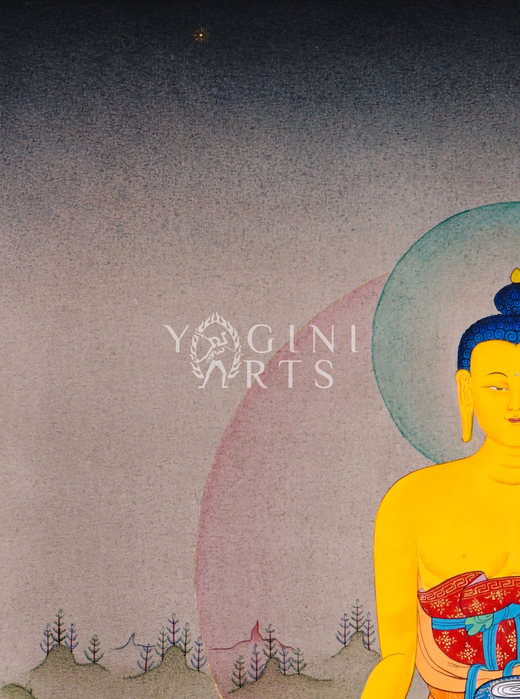 Hand-painted Shakyamuni Buddha thangka featuring the historical Buddha seated on a lotus throne in earth-touching mudra holding an alms bowl within a Himalayan landscape