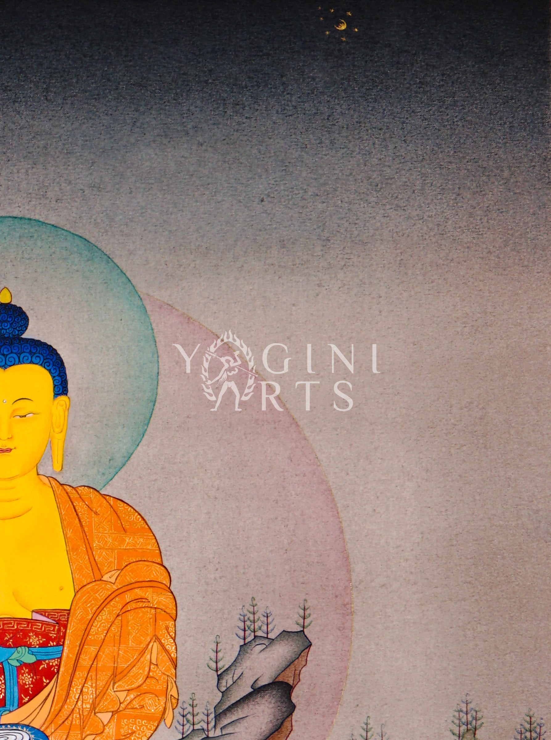 Hand-painted Shakyamuni Buddha thangka featuring the historical Buddha seated on a lotus throne in earth-touching mudra holding an alms bowl within a Himalayan landscape
