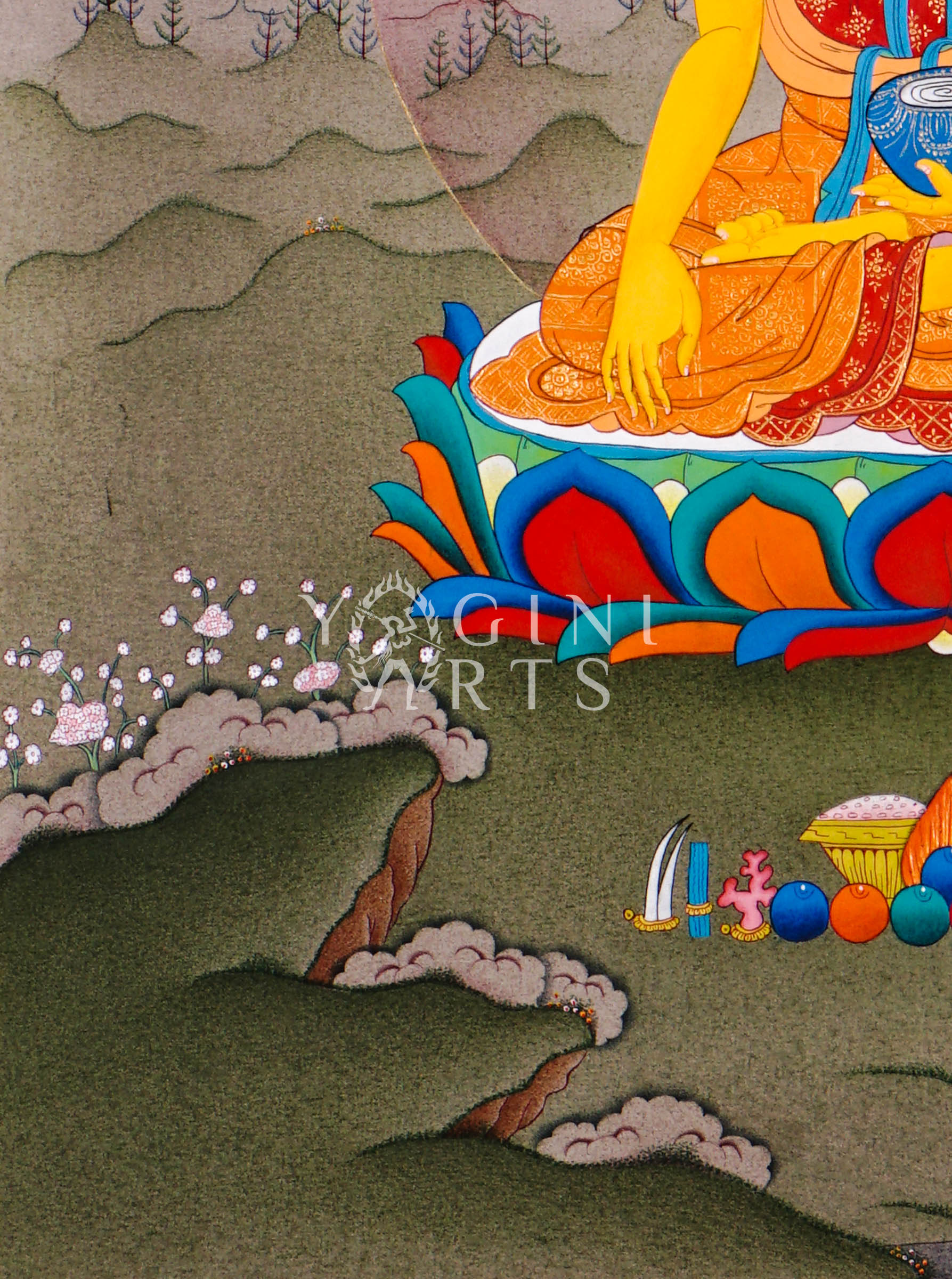 Hand-painted Shakyamuni Buddha thangka featuring the historical Buddha seated on a lotus throne in earth-touching mudra holding an alms bowl within a Himalayan landscape