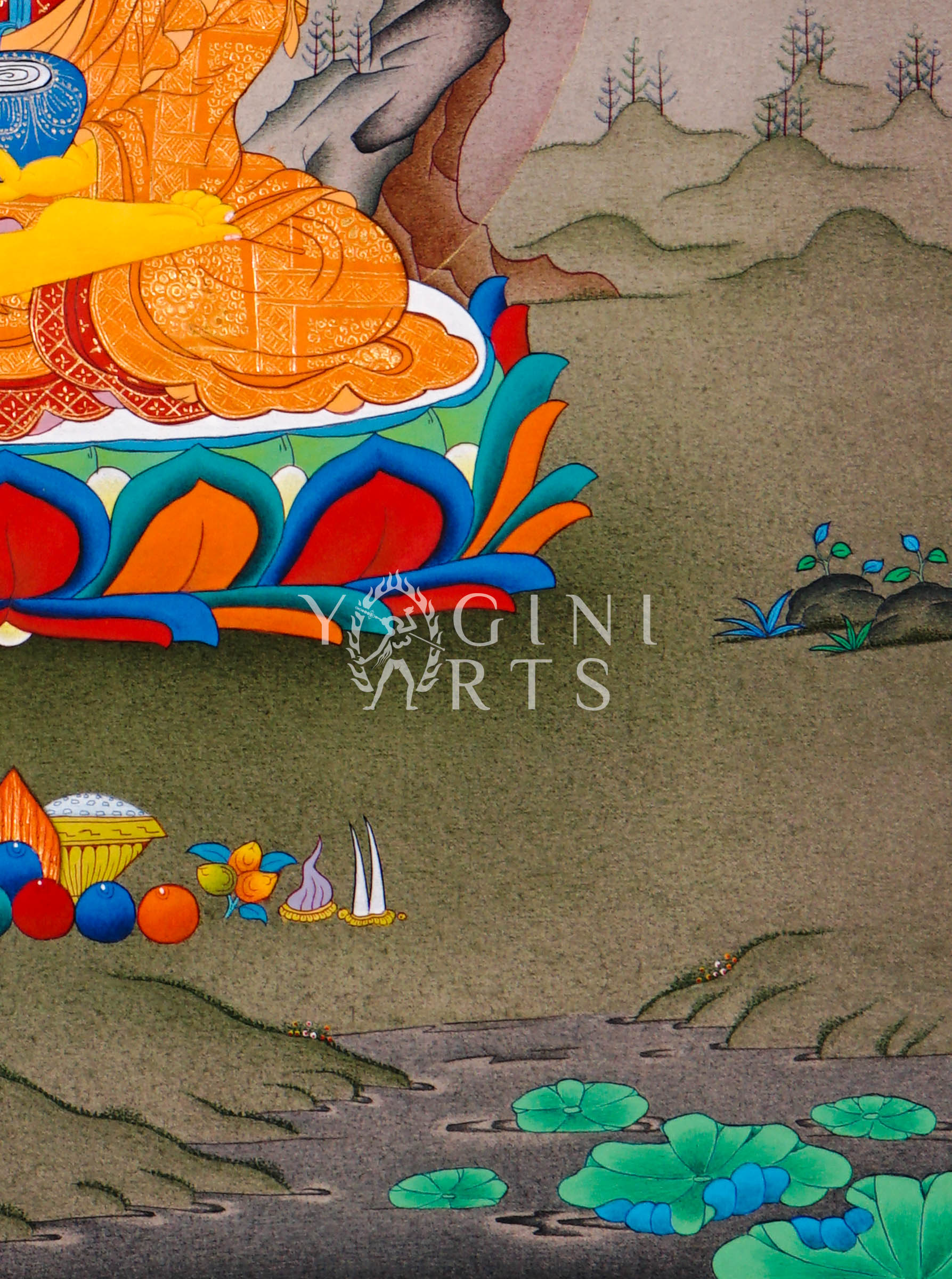 Hand-painted Shakyamuni Buddha thangka featuring the historical Buddha seated on a lotus throne in earth-touching mudra holding an alms bowl within a Himalayan landscape