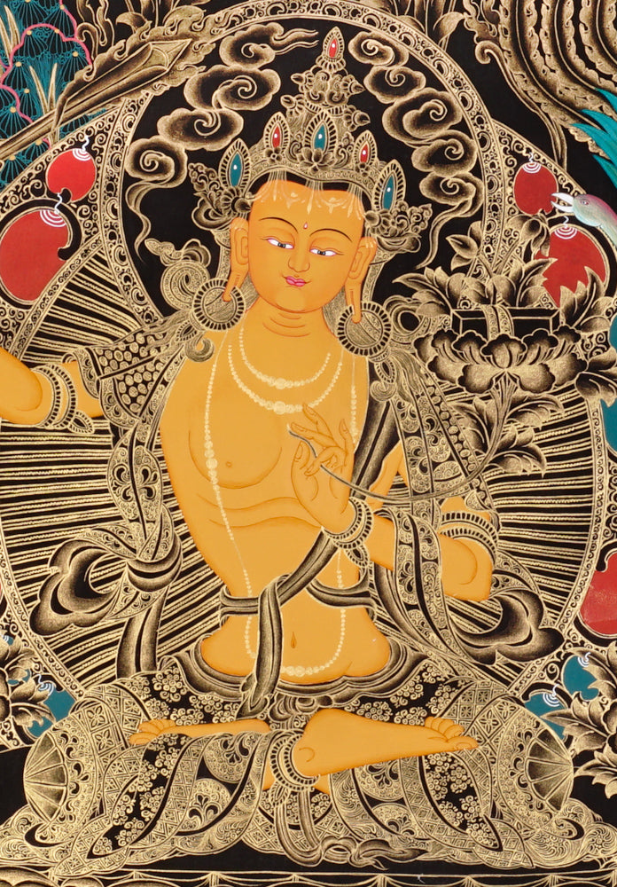 Gold-on-black Manjushri thangka holding the flaming sword of wisdom and lotus scripture.