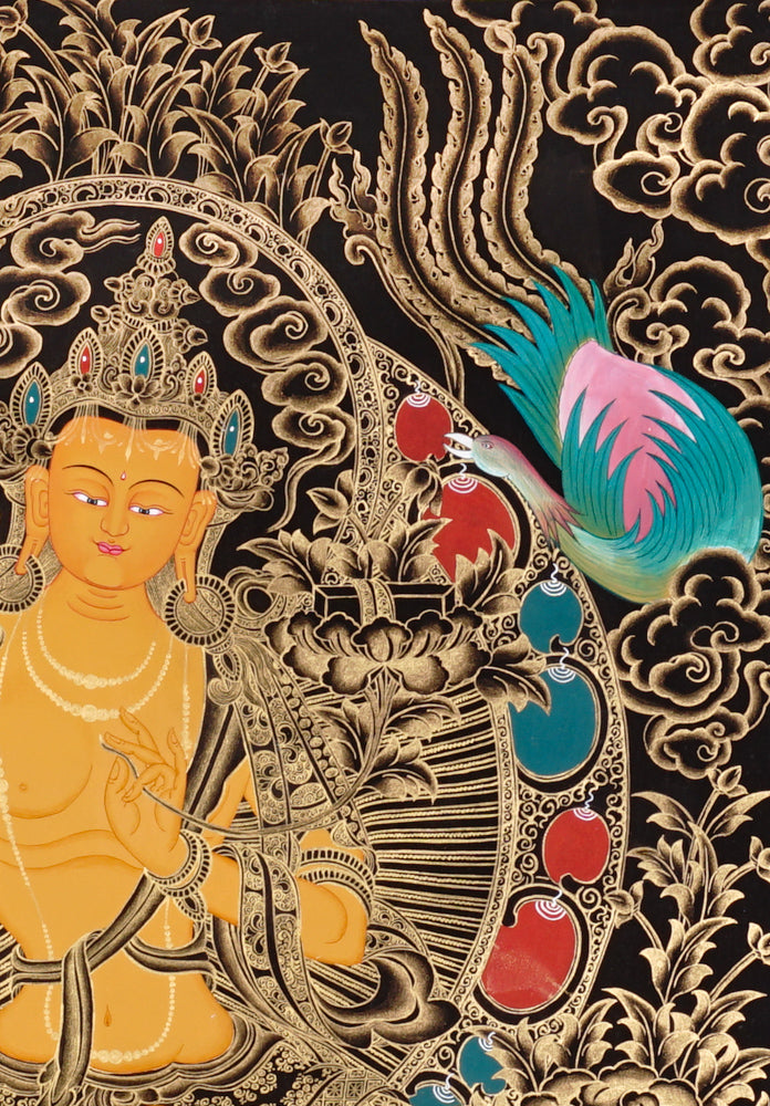 Gold-on-black Manjushri thangka holding the flaming sword of wisdom and lotus scripture.
