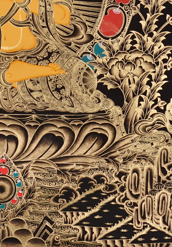 Gold-on-black Manjushri thangka holding the flaming sword of wisdom and lotus scripture.