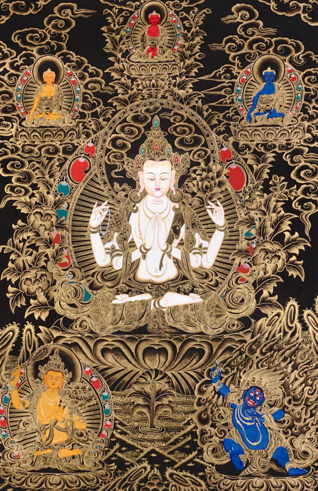 Gold-on-black Chenrezig thangka depicting the four-armed Avalokiteshvara Bodhisattva of compassion.