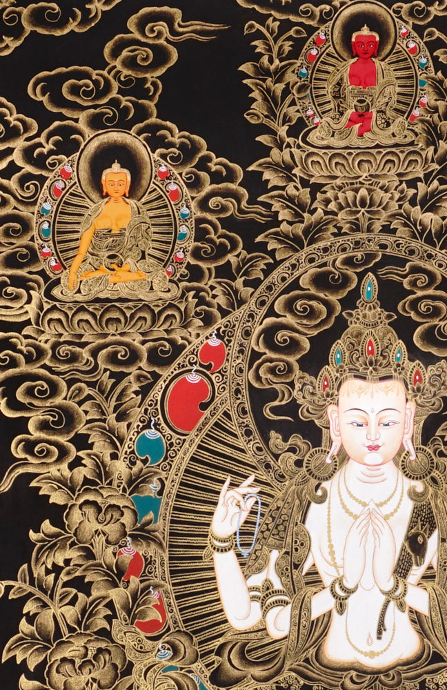 Gold-on-black Chenrezig thangka depicting the four-armed Avalokiteshvara Bodhisattva of compassion.