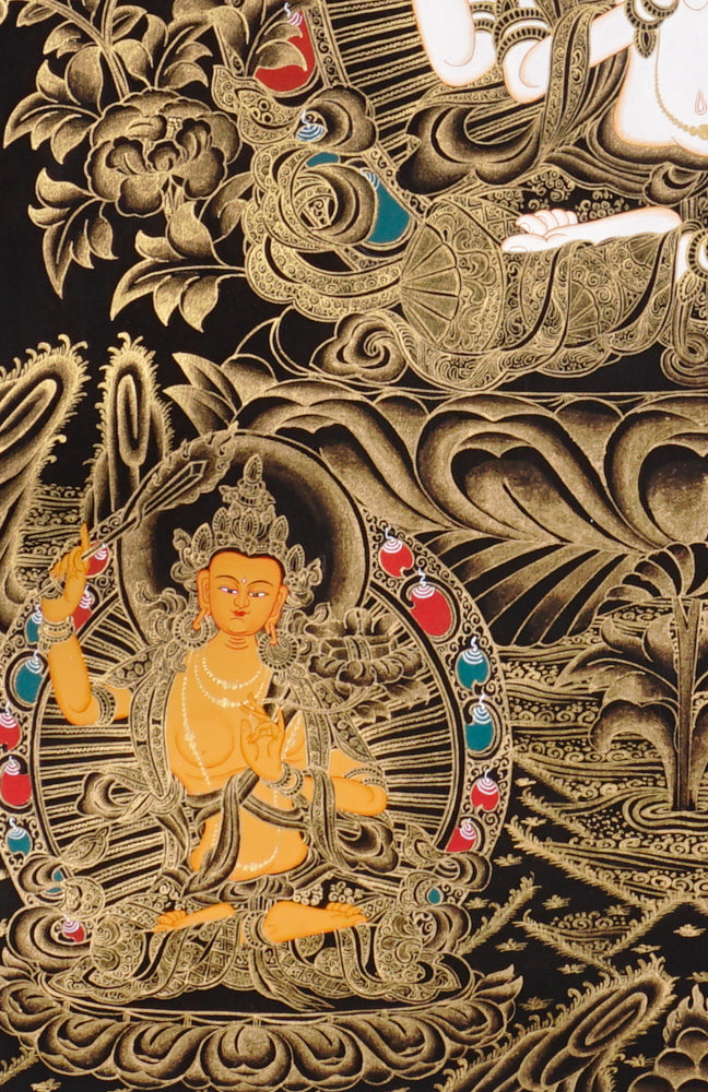 Gold-on-black Chenrezig thangka depicting the four-armed Avalokiteshvara Bodhisattva of compassion.