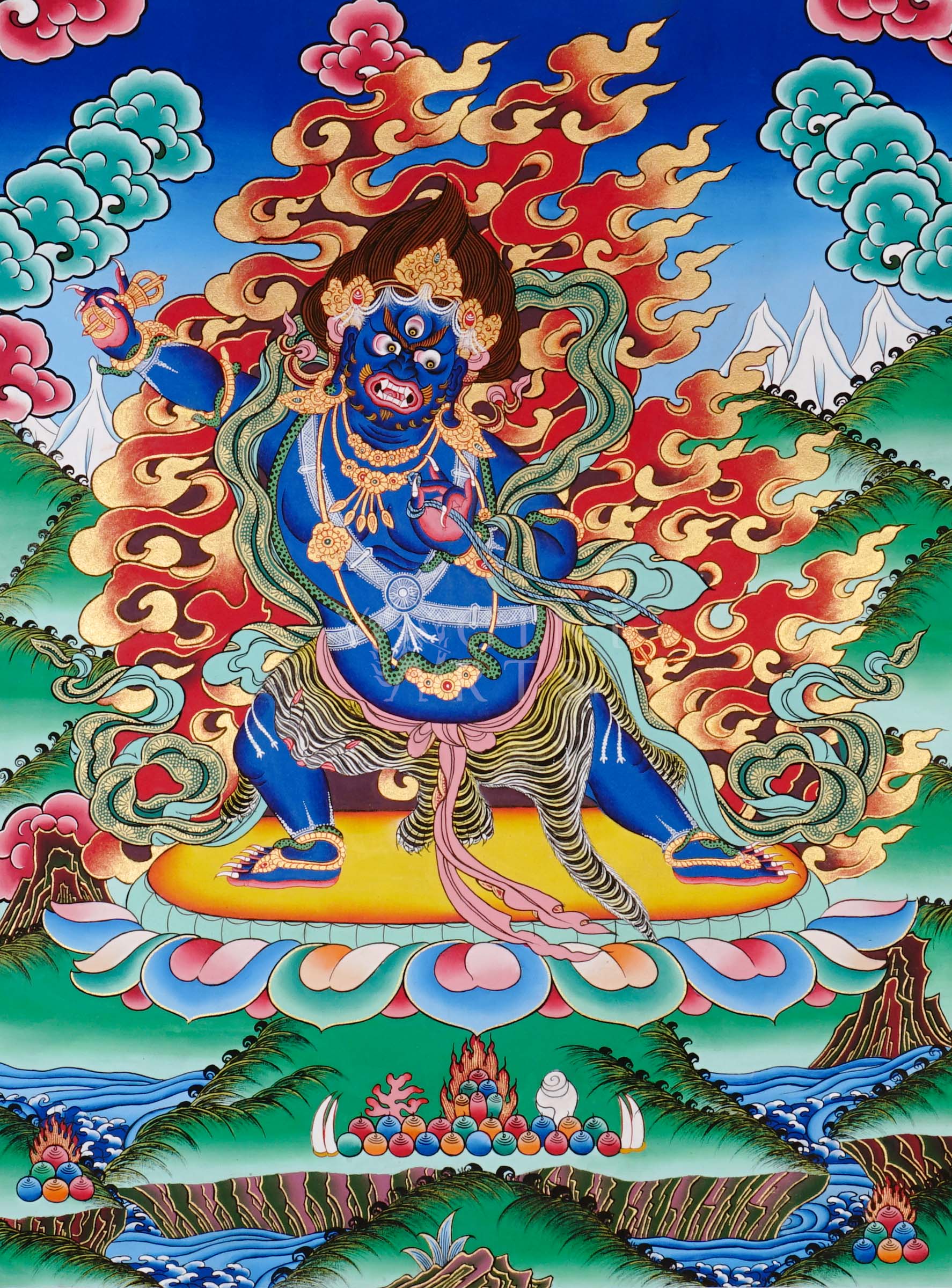 Vajrapani thangka showing a blue wrathful deity holding a vajra, surrounded by flames, standing dynamically on a lotus base in traditional Tibetan style.