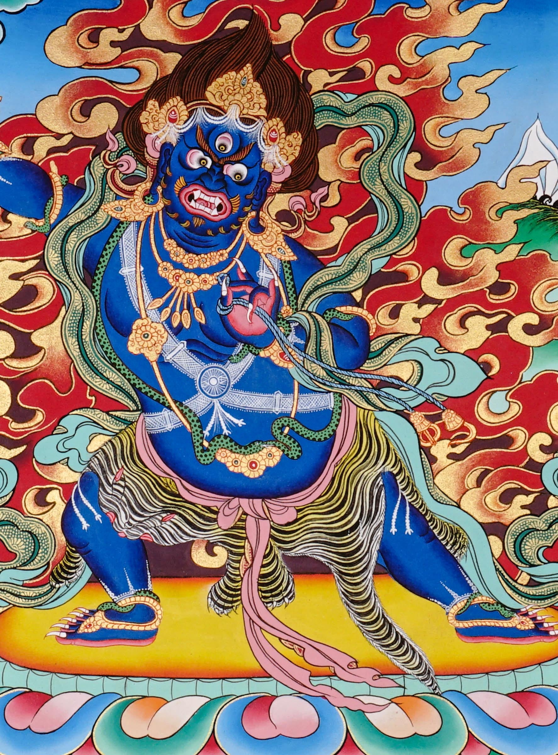 Vajrapani thangka featuring the fierce blue Tibetan Buddhist protector deity surrounded by wisdom flames in traditional Himalayan style.