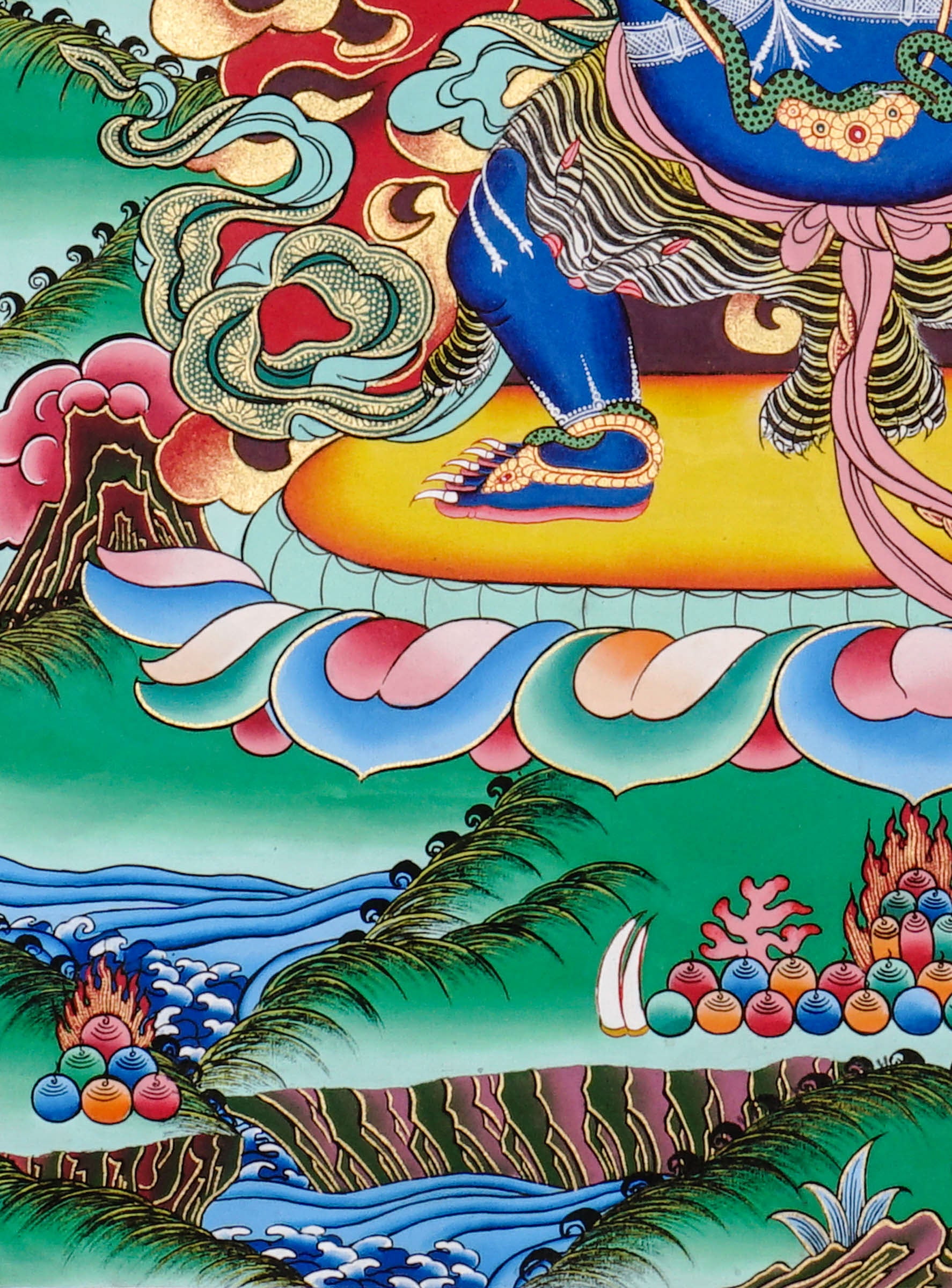 Vajrapani thangka featuring the fierce blue Tibetan Buddhist protector deity surrounded by wisdom flames in traditional Himalayan style.