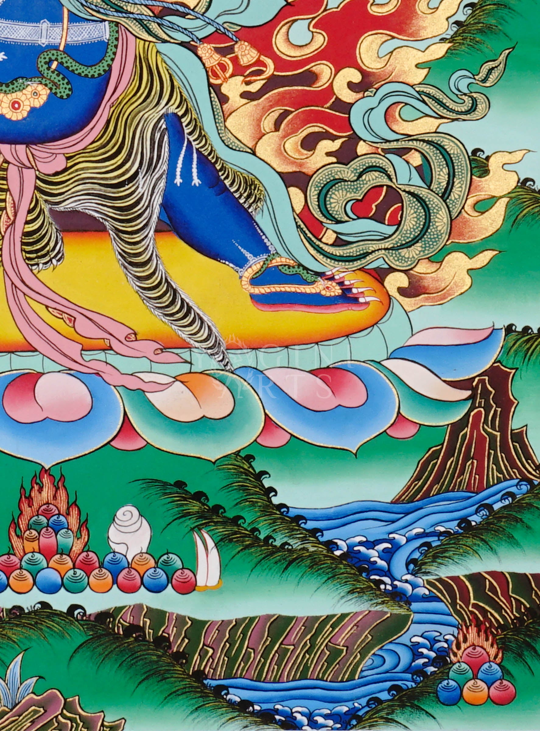Vajrapani thangka showing a blue wrathful deity holding a vajra, surrounded by flames, standing dynamically on a lotus base in traditional Tibetan style.