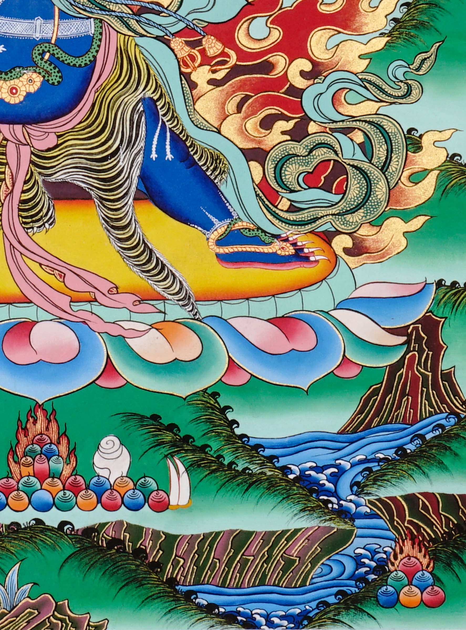 Vajrapani thangka featuring the fierce blue Tibetan Buddhist protector deity surrounded by wisdom flames in traditional Himalayan style.