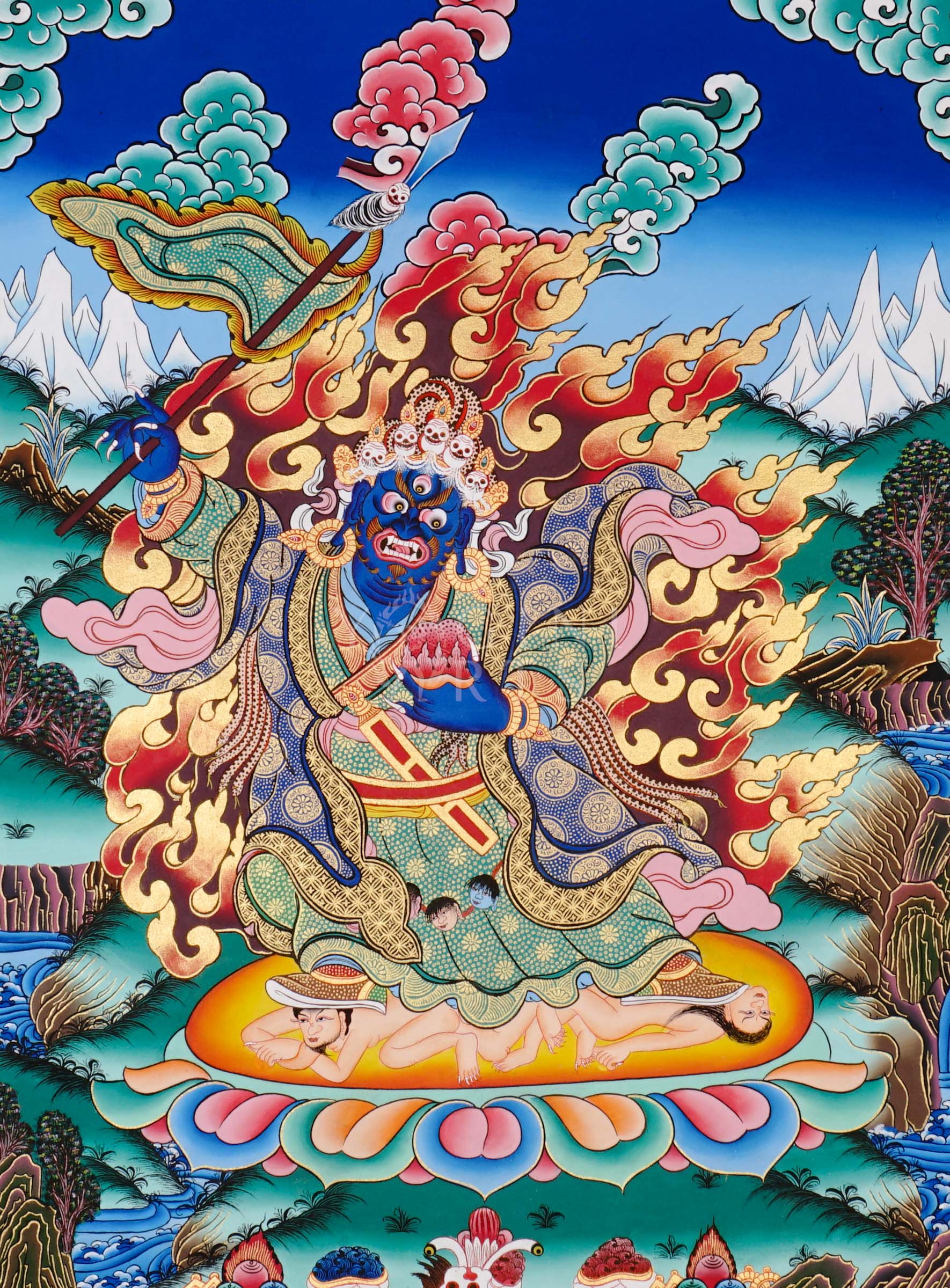 Khadga Pani thangka featuring a wrathful blue deity holding a sword, surrounded by flames and standing on subdued figures in traditional Tibetan style.