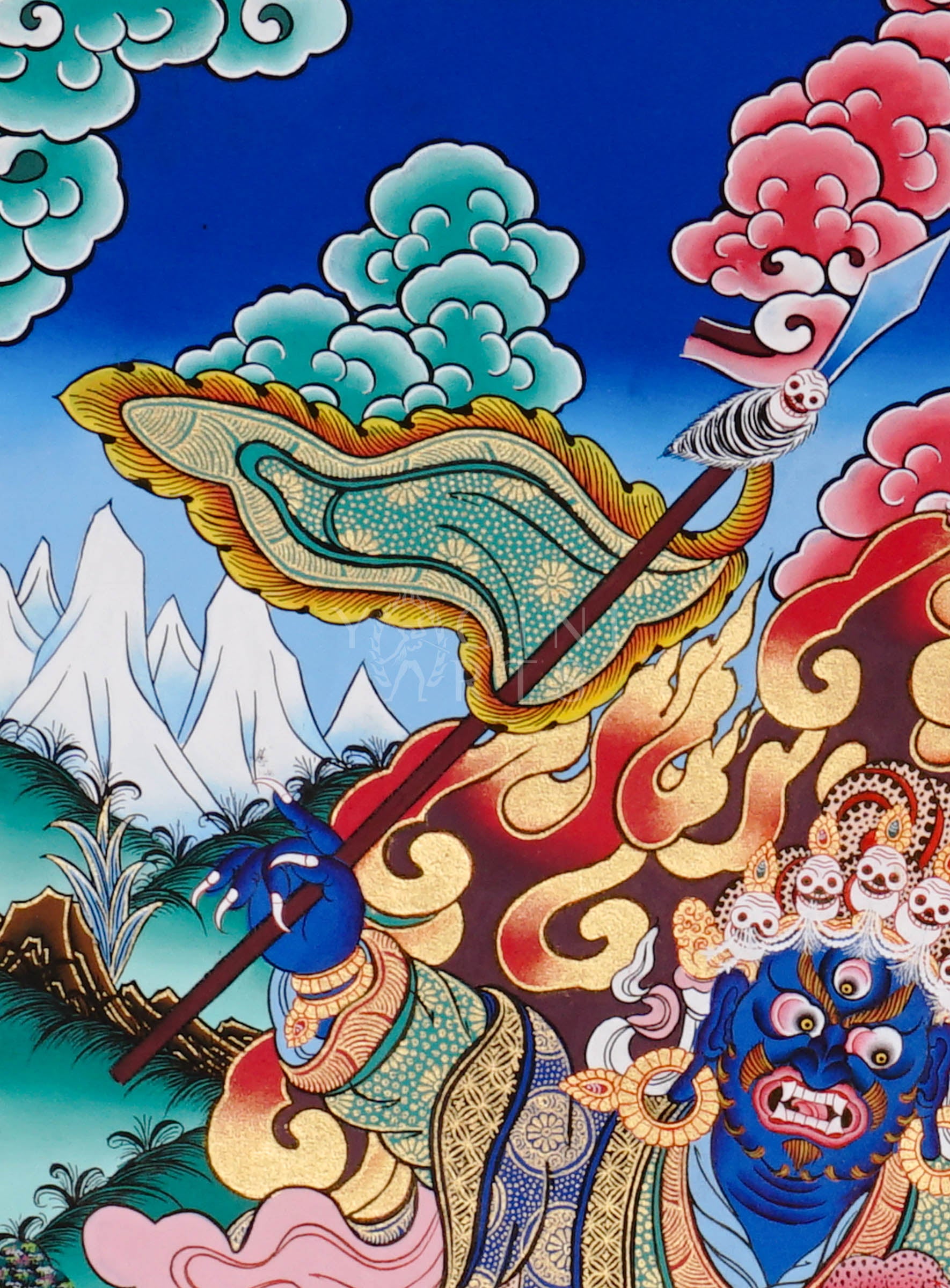 Khadga Pani thangka featuring a wrathful blue deity holding a sword, surrounded by flames and standing on subdued figures in traditional Tibetan style.