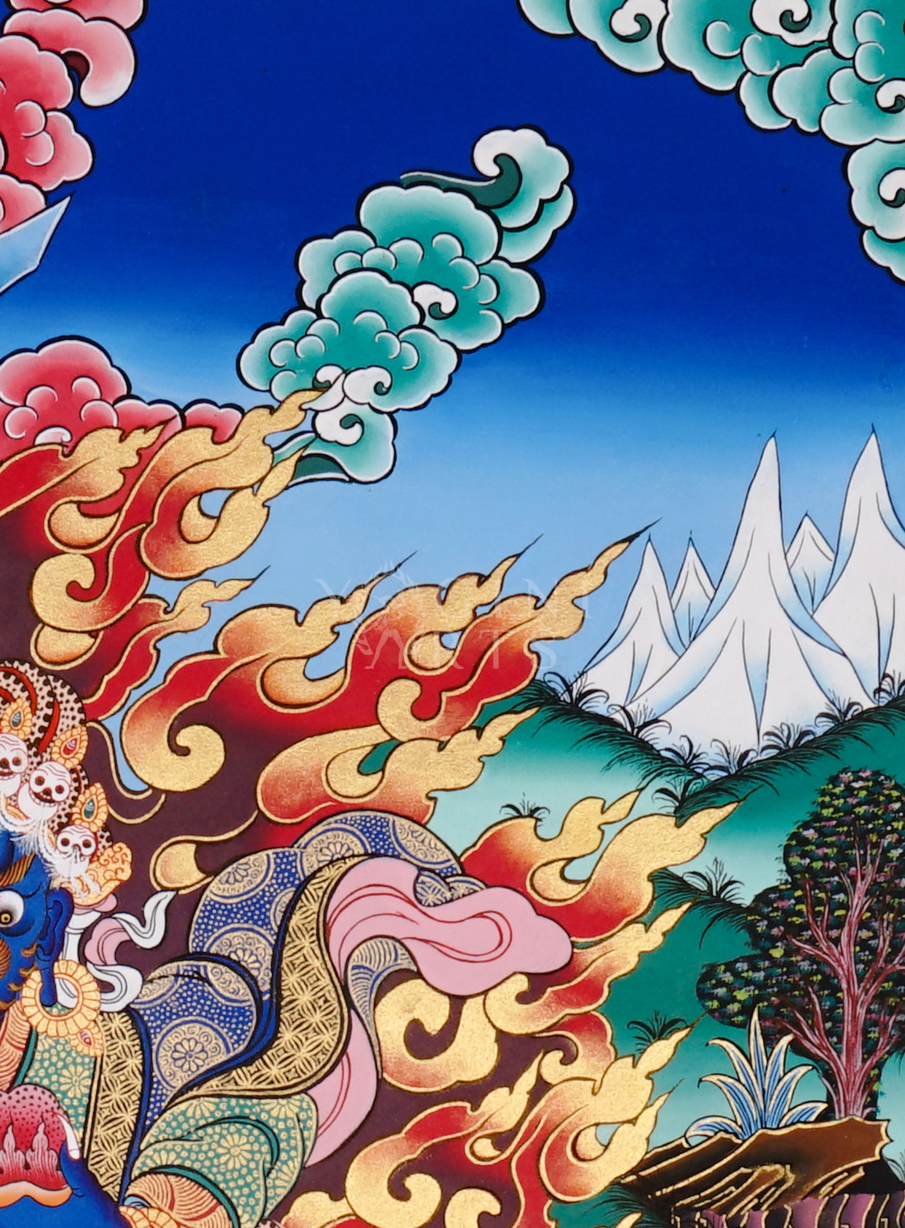 Khadga Pani thangka featuring a wrathful blue deity holding a sword, surrounded by flames and standing on subdued figures in traditional Tibetan style.