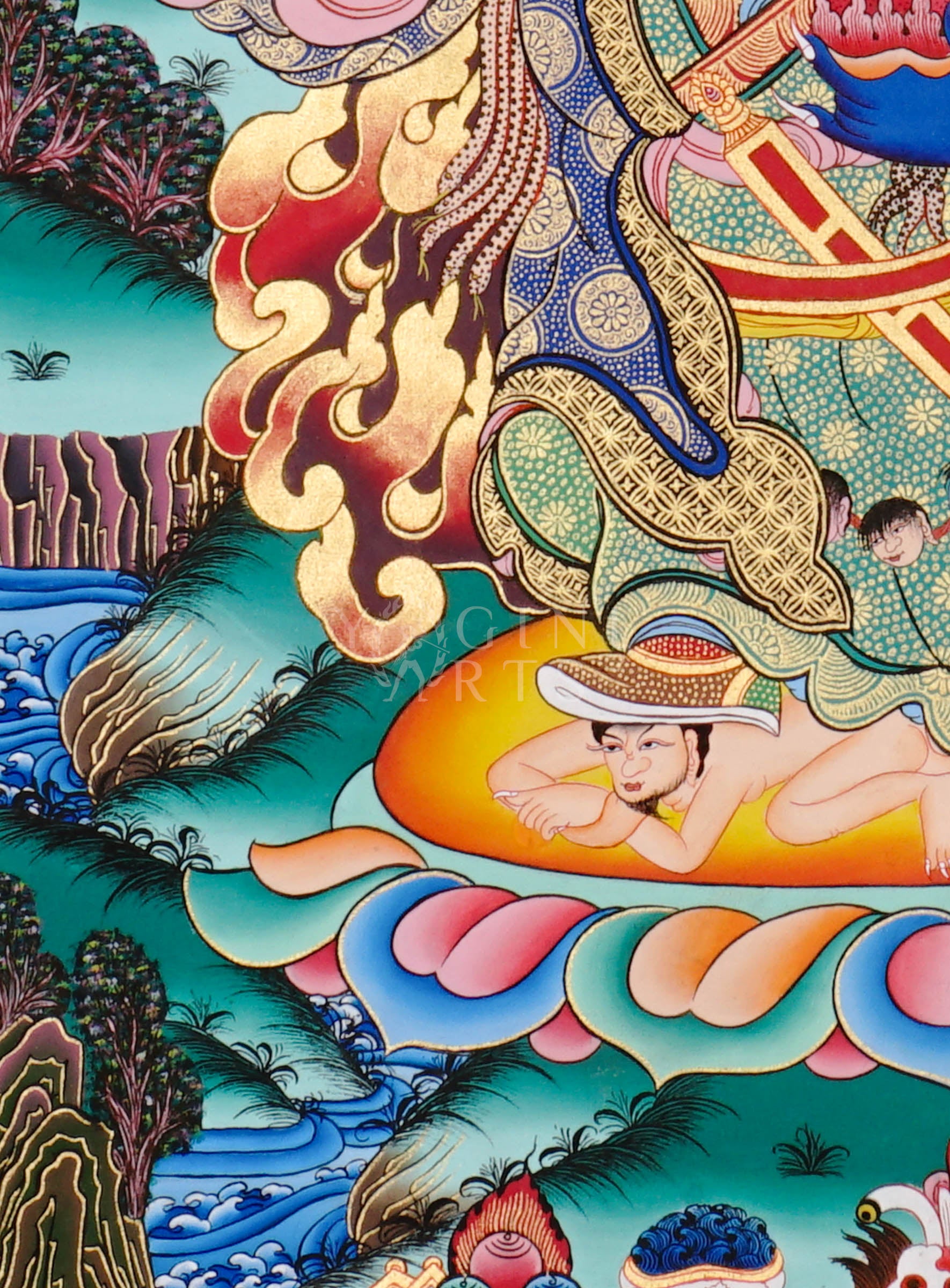 Khadga Pani thangka featuring a wrathful blue deity holding a sword, surrounded by flames and standing on subdued figures in traditional Tibetan style.
