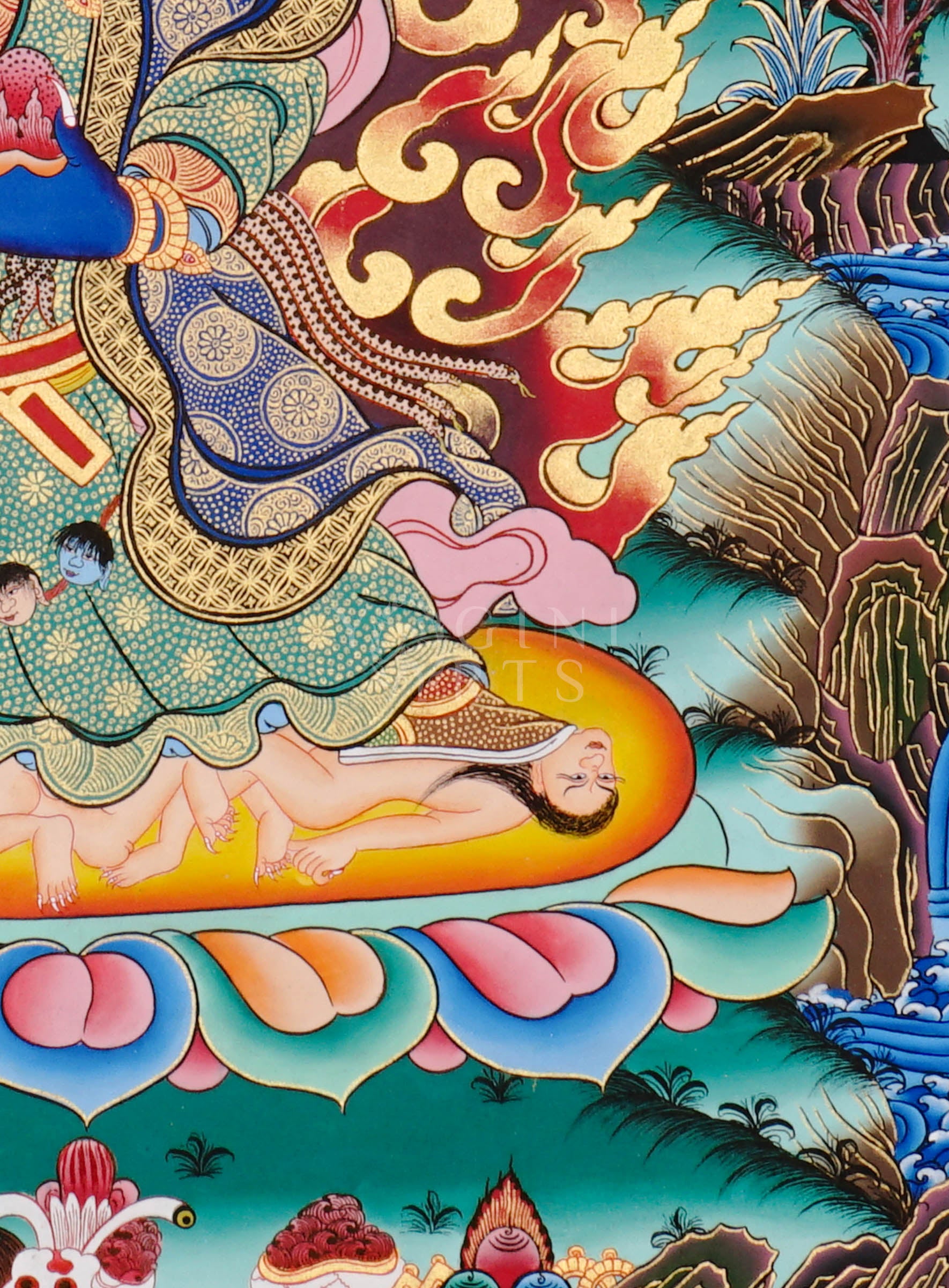 Khadga Pani thangka featuring a wrathful blue deity holding a sword, surrounded by flames and standing on subdued figures in traditional Tibetan style.
