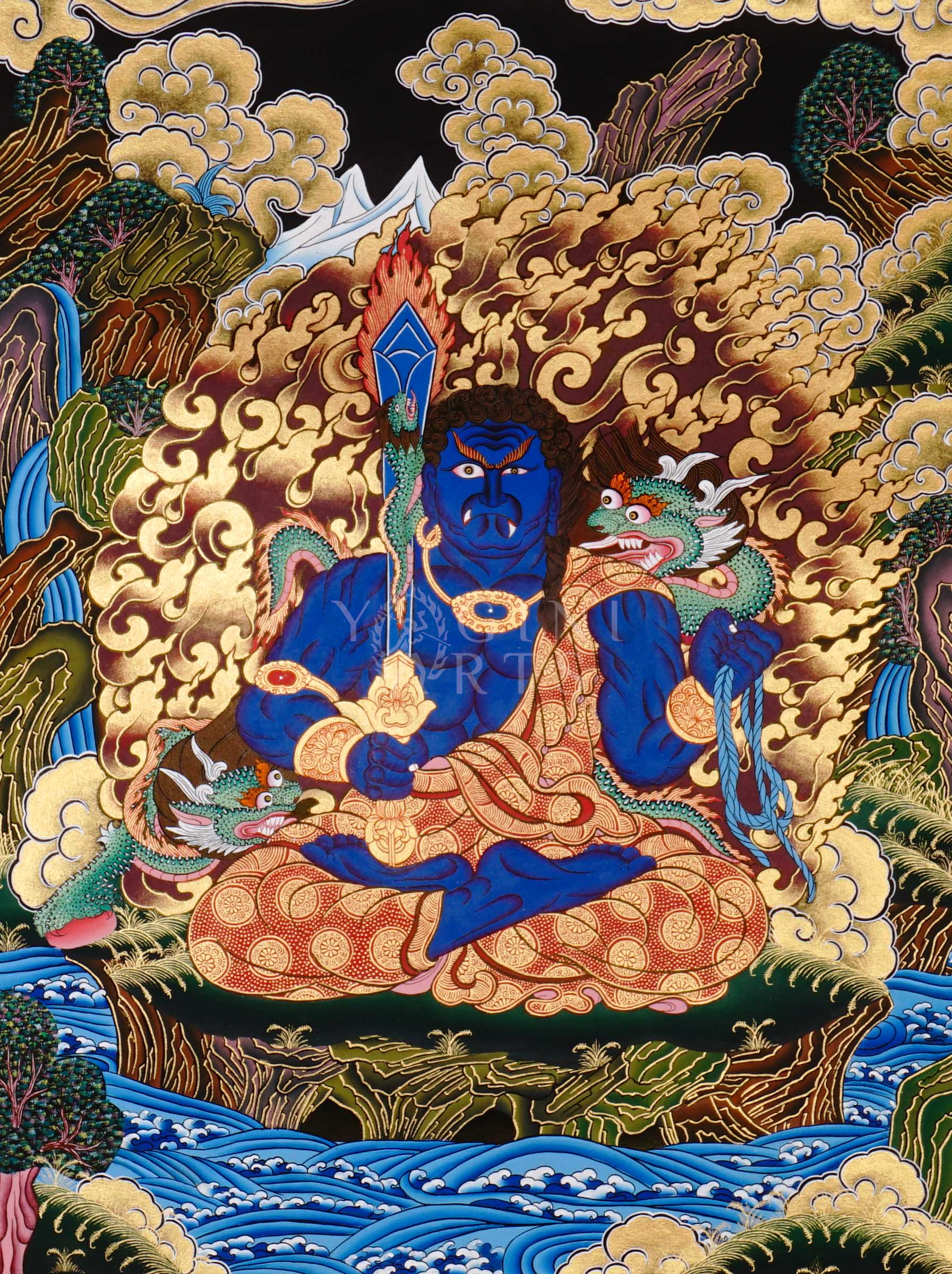 Yamaraj thangka showing a blue wrathful deity holding a staff and noose, seated in a powerful posture surrounded by golden clouds in Tibetan style.