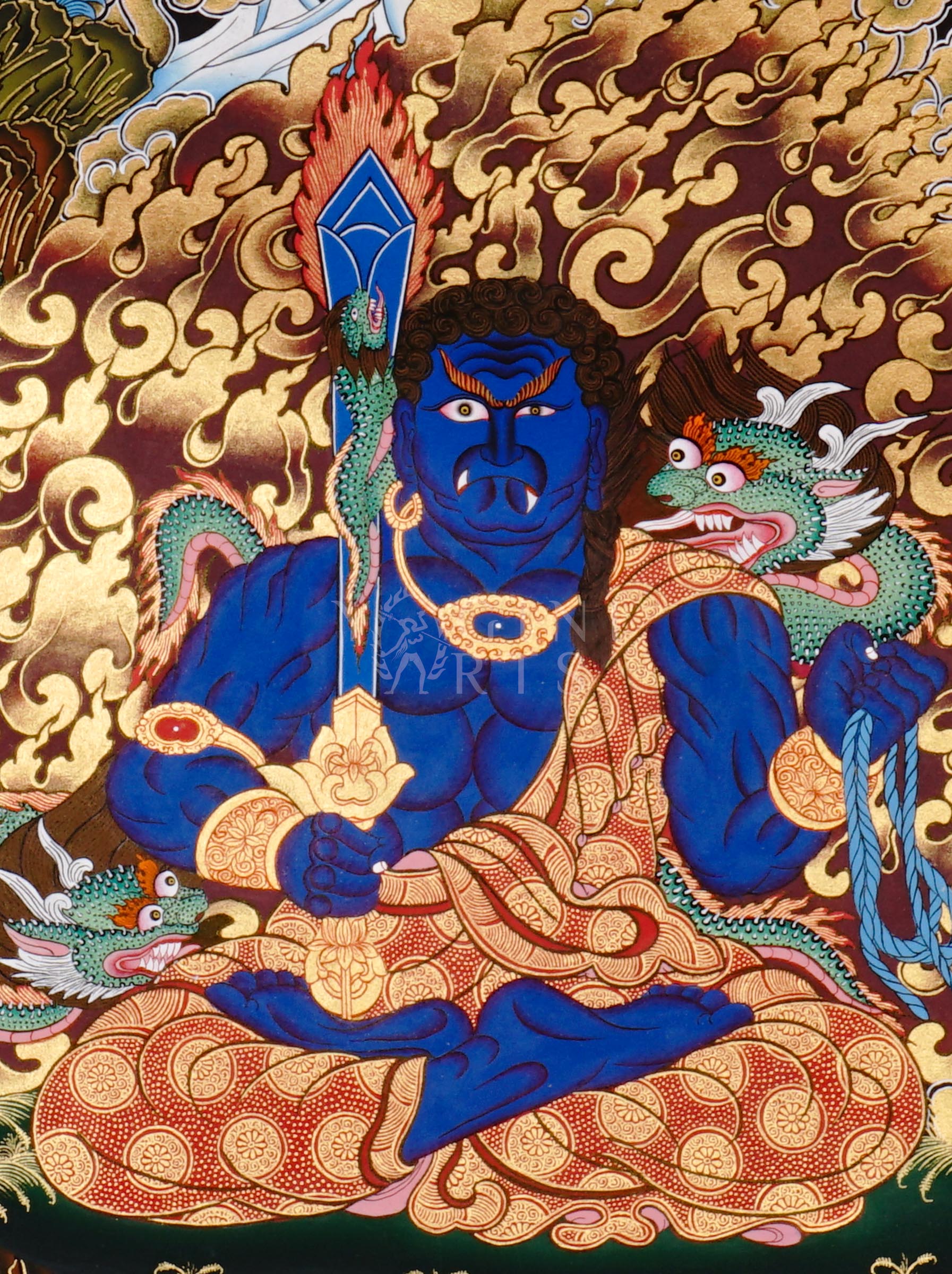Yamaraj thangka showing a blue wrathful deity holding a staff and noose, seated in a powerful posture surrounded by golden clouds in Tibetan style.