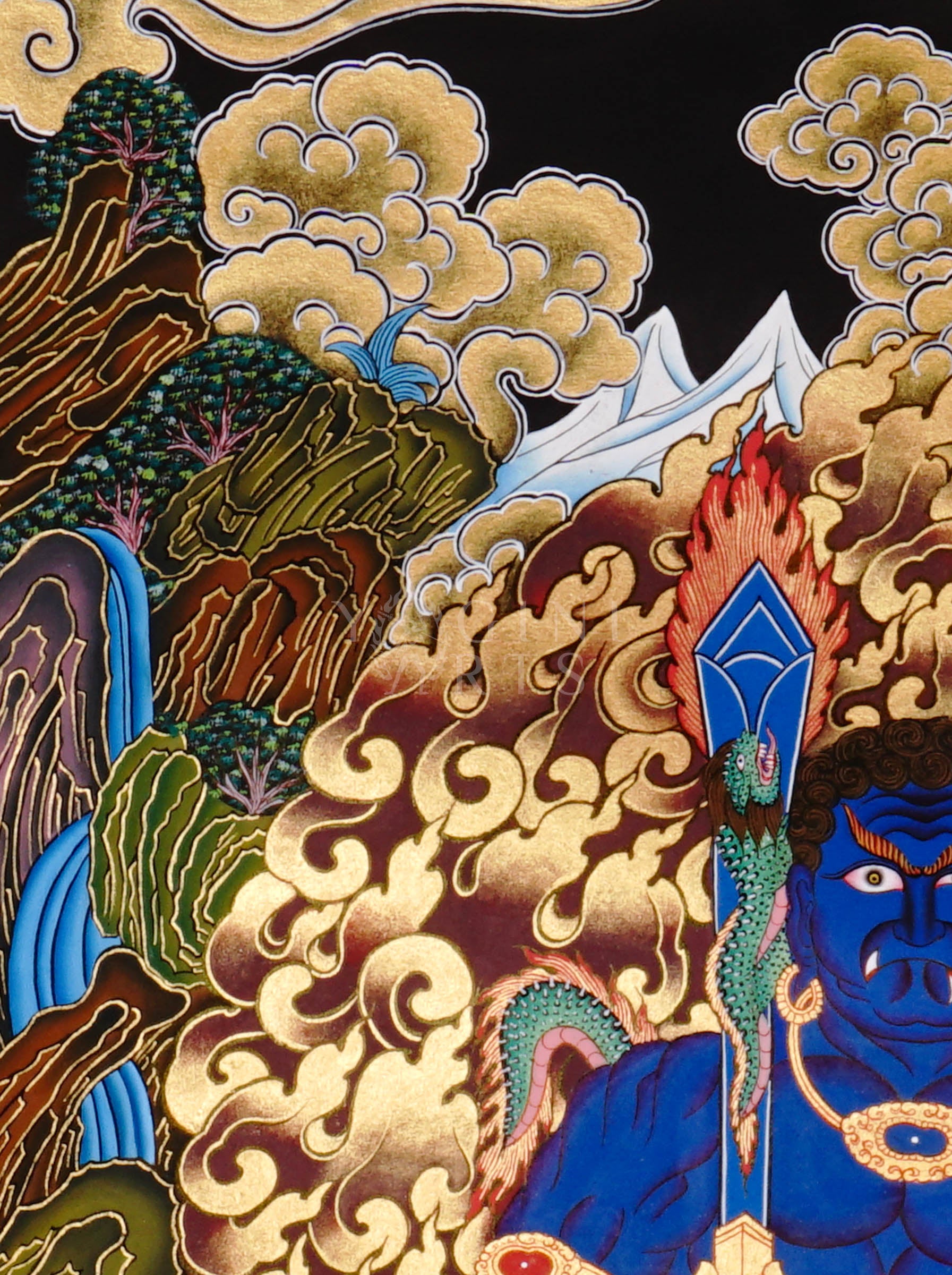 Yamaraj thangka showing a blue wrathful deity holding a staff and noose, seated in a powerful posture surrounded by golden clouds in Tibetan style.