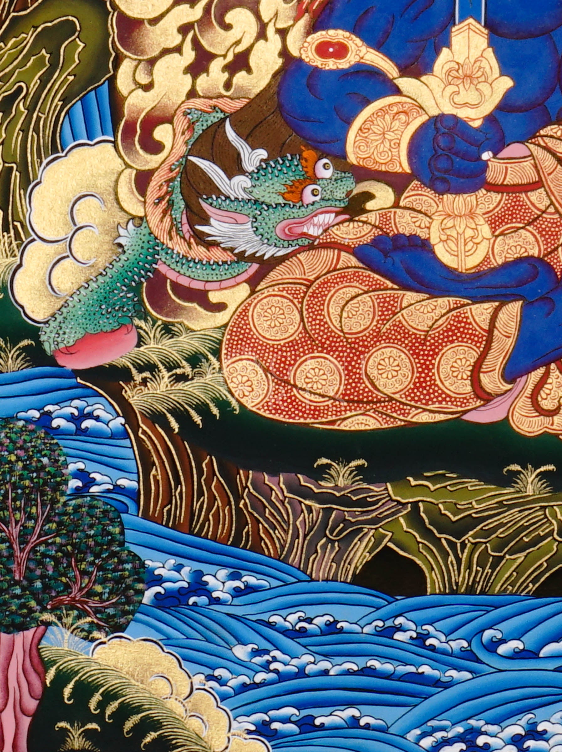 Yamaraj thangka showing a blue wrathful deity holding a staff and noose, seated in a powerful posture surrounded by golden clouds in Tibetan style.