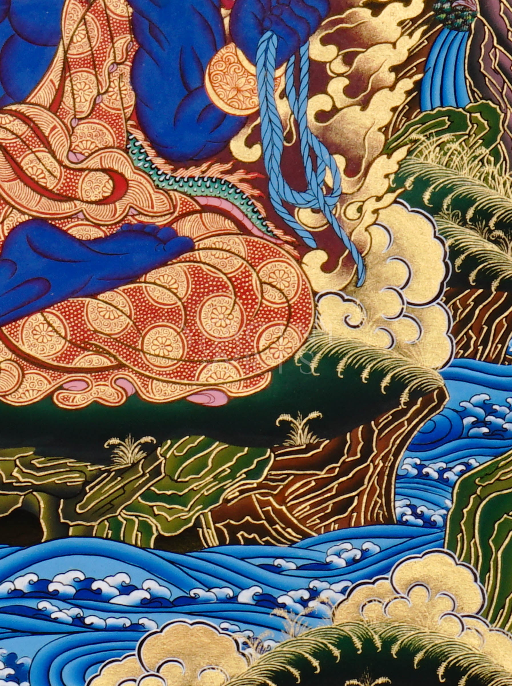 Yamaraj thangka showing a blue wrathful deity holding a staff and noose, seated in a powerful posture surrounded by golden clouds in Tibetan style.