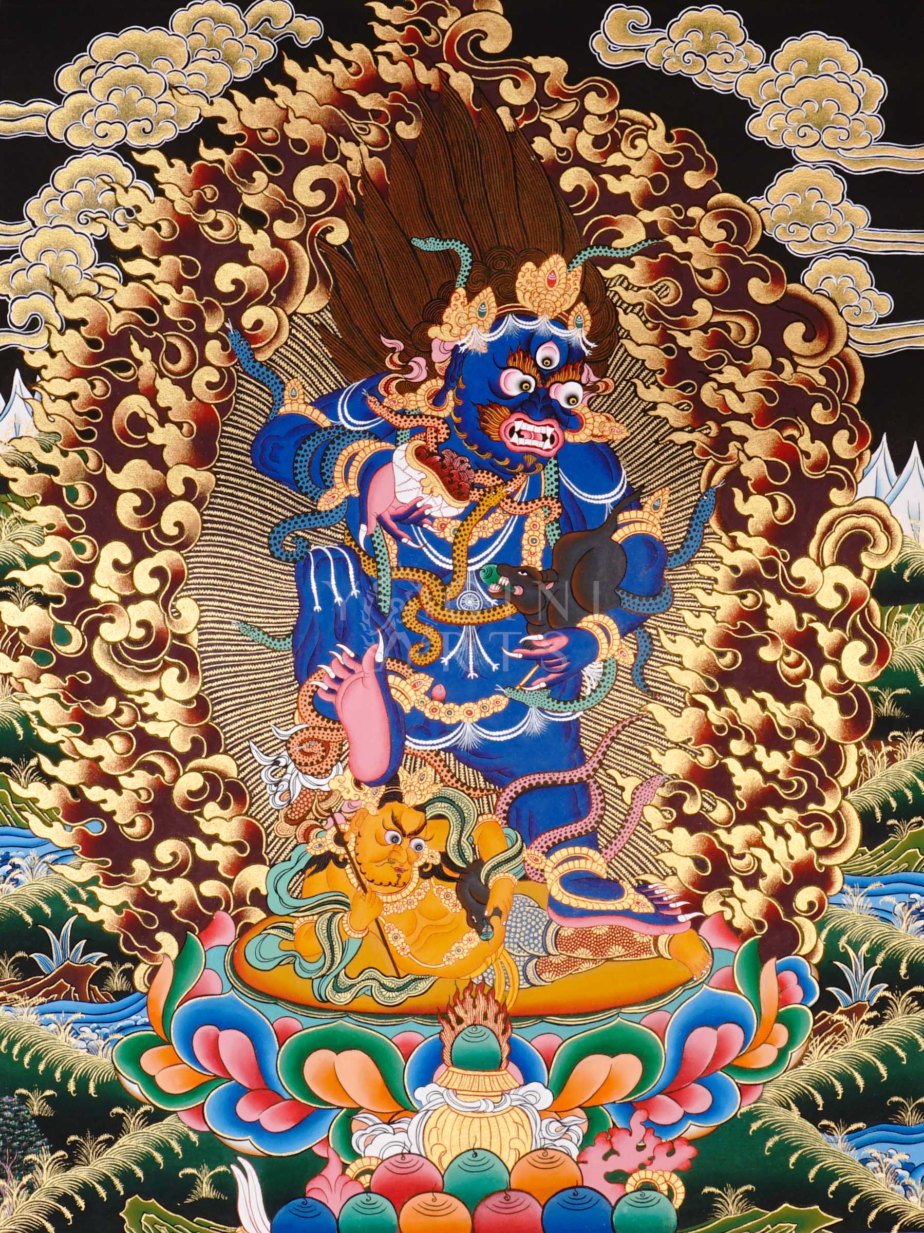 Black Dzambhala thangka showing a wrathful dark blue deity holding a mongoose, surrounded by flames and standing on subdued figures in Tibetan Buddhist style.