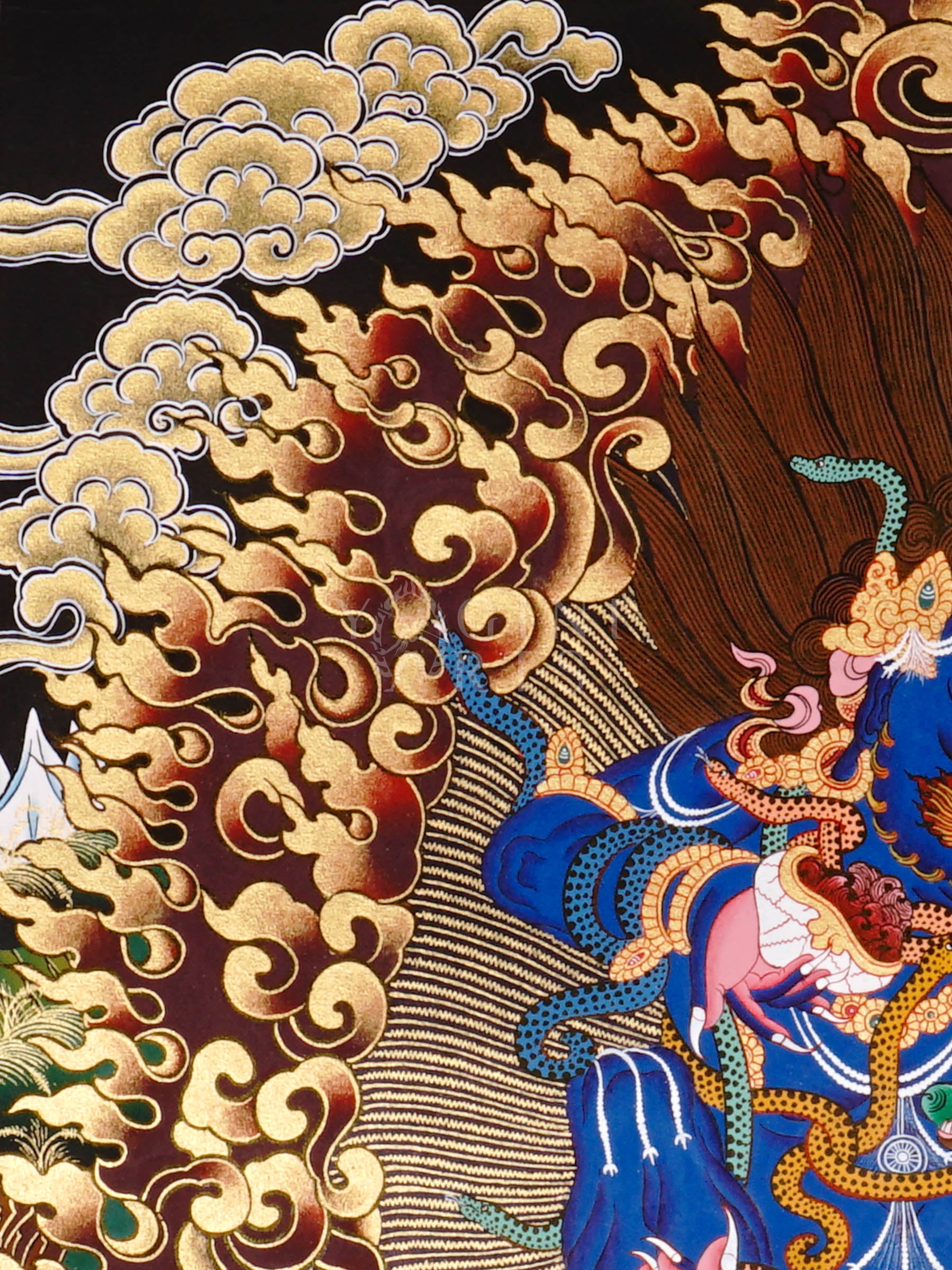 Black Dzambhala thangka showing a wrathful dark blue deity holding a mongoose, surrounded by flames and standing on subdued figures in Tibetan Buddhist style.