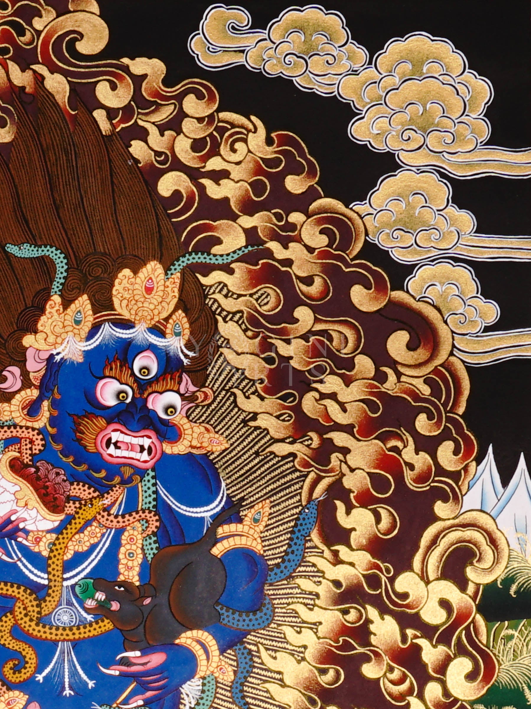 Black Dzambhala thangka showing a wrathful dark blue deity holding a mongoose, surrounded by flames and standing on subdued figures in Tibetan Buddhist style.