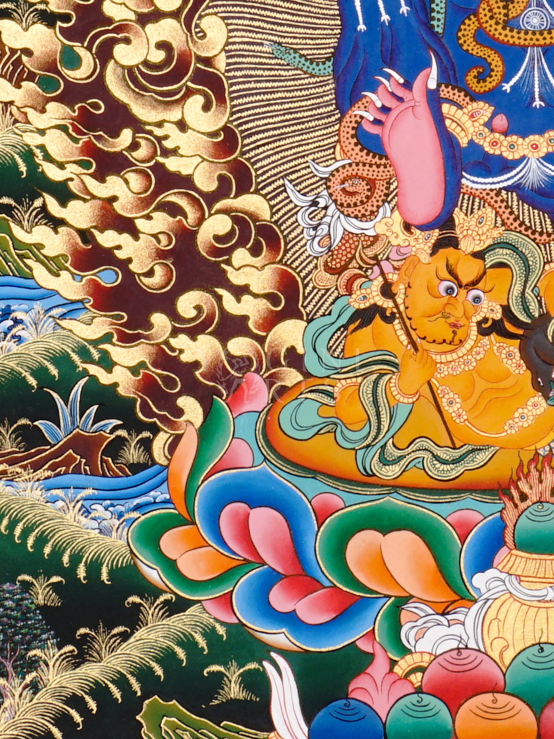 Black Dzambhala thangka showing a wrathful dark blue deity holding a mongoose, surrounded by flames and standing on subdued figures in Tibetan Buddhist style.