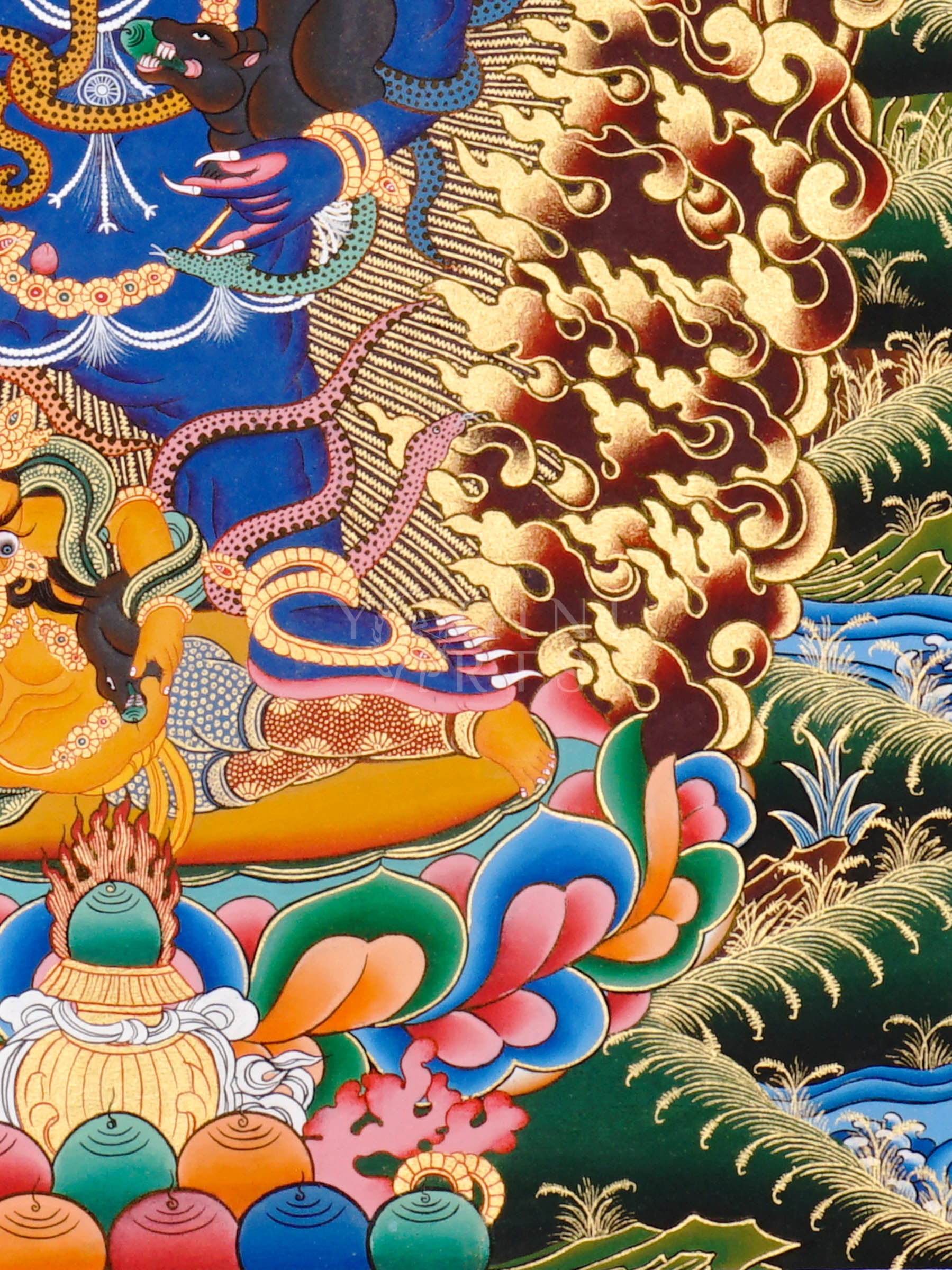Black Dzambhala thangka showing a wrathful dark blue deity holding a mongoose, surrounded by flames and standing on subdued figures in Tibetan Buddhist style.