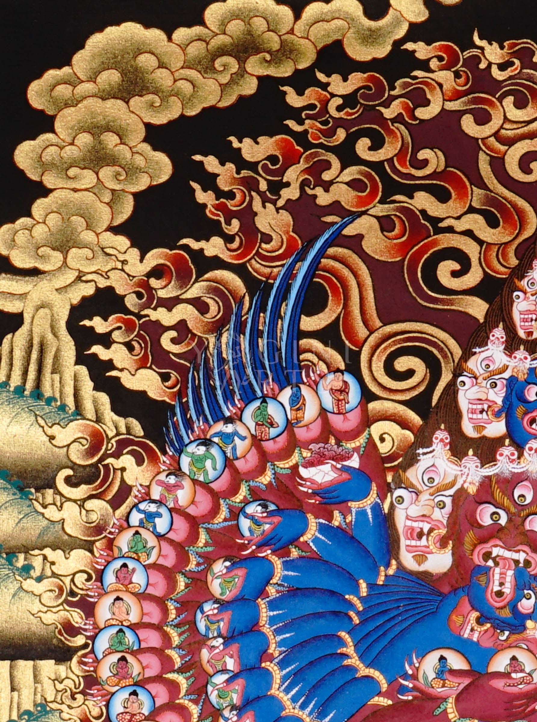 Heruka thangka showing a multi-headed, multi-armed wrathful tantric deity dancing on figures, surrounded by flames and intricate symbolic elements.