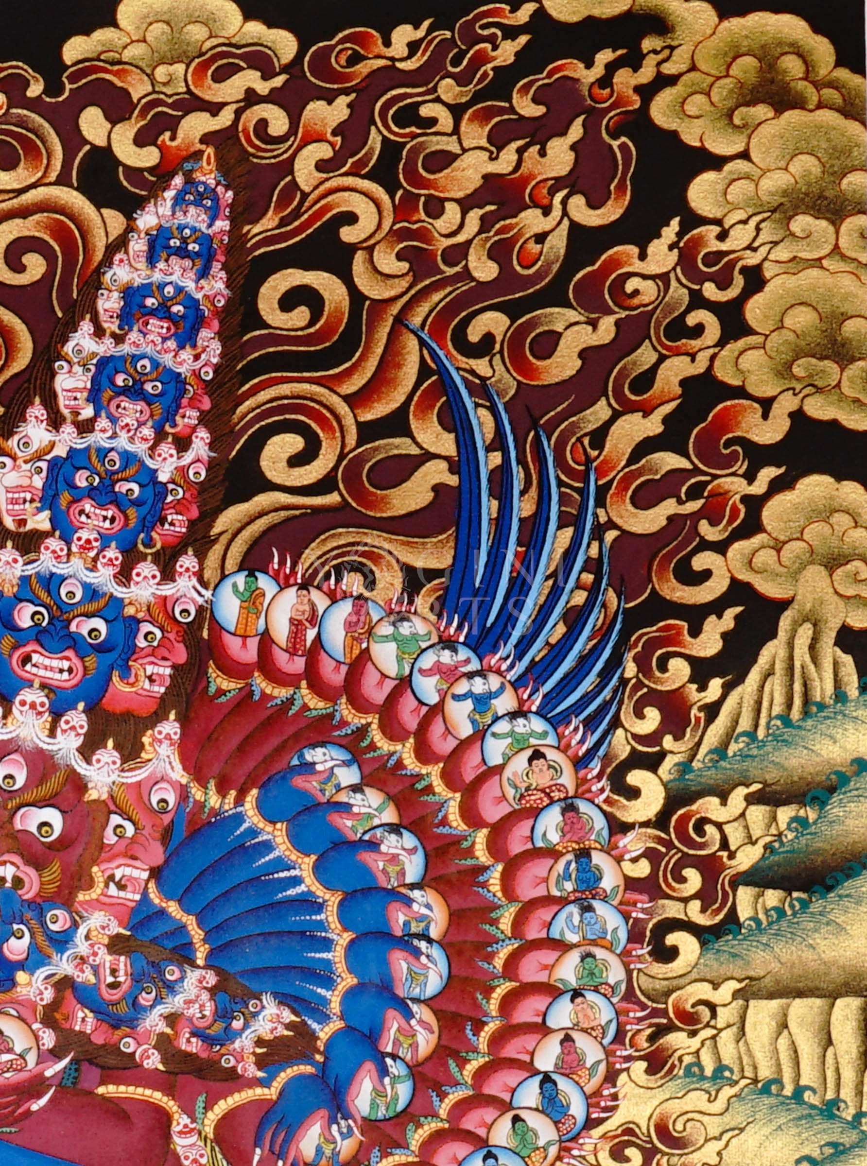 Heruka thangka showing a multi-headed, multi-armed wrathful tantric deity dancing on figures, surrounded by flames and intricate symbolic elements.