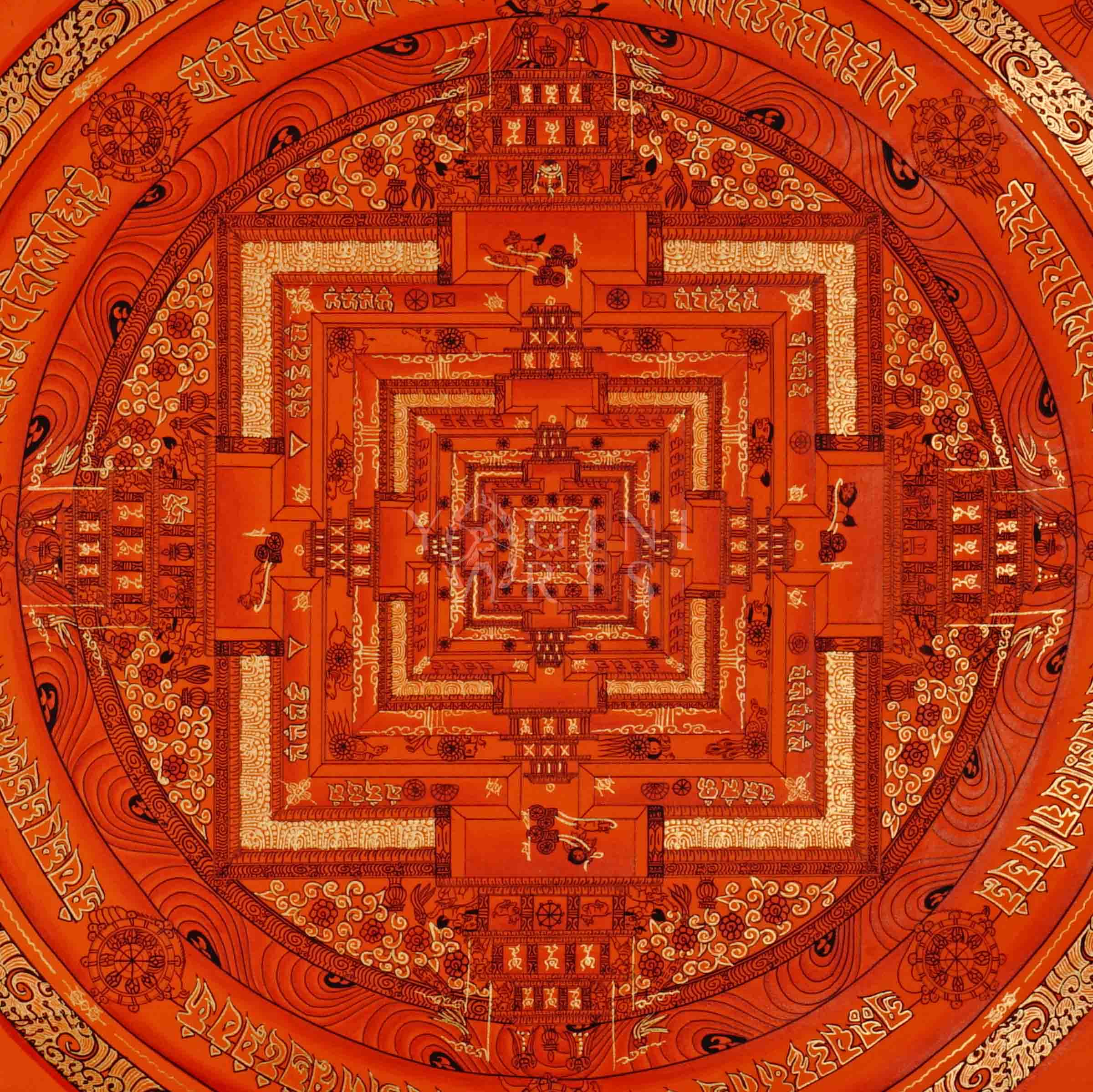 Hand painted orange Kalachakra Mandala thangka depicting Tibetan Wheel of Time sacred palace in monochromatic red tones