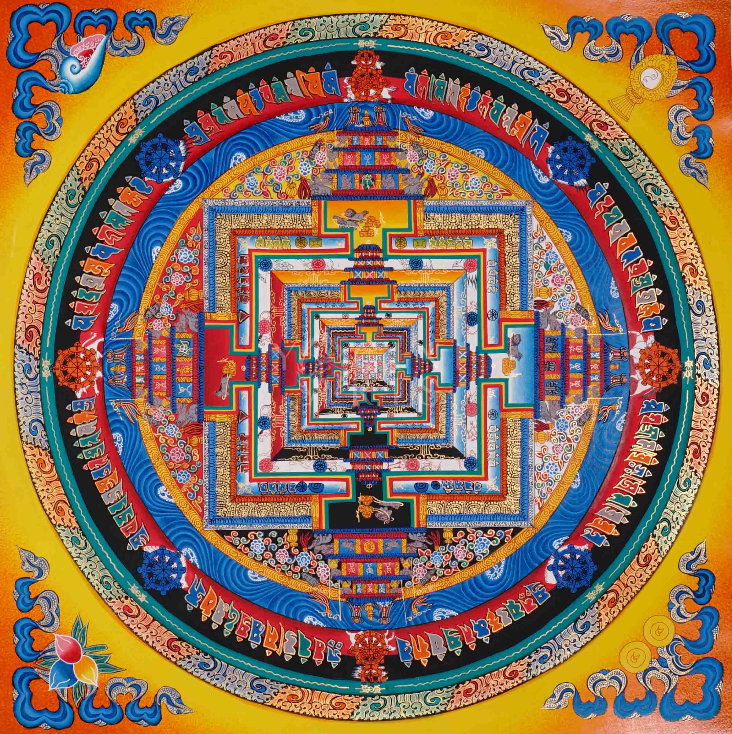 Hand painted multicolor Kalachakra Mandala thangka depicting Tibetan Wheel of Time sacred palace with bright yellow background
