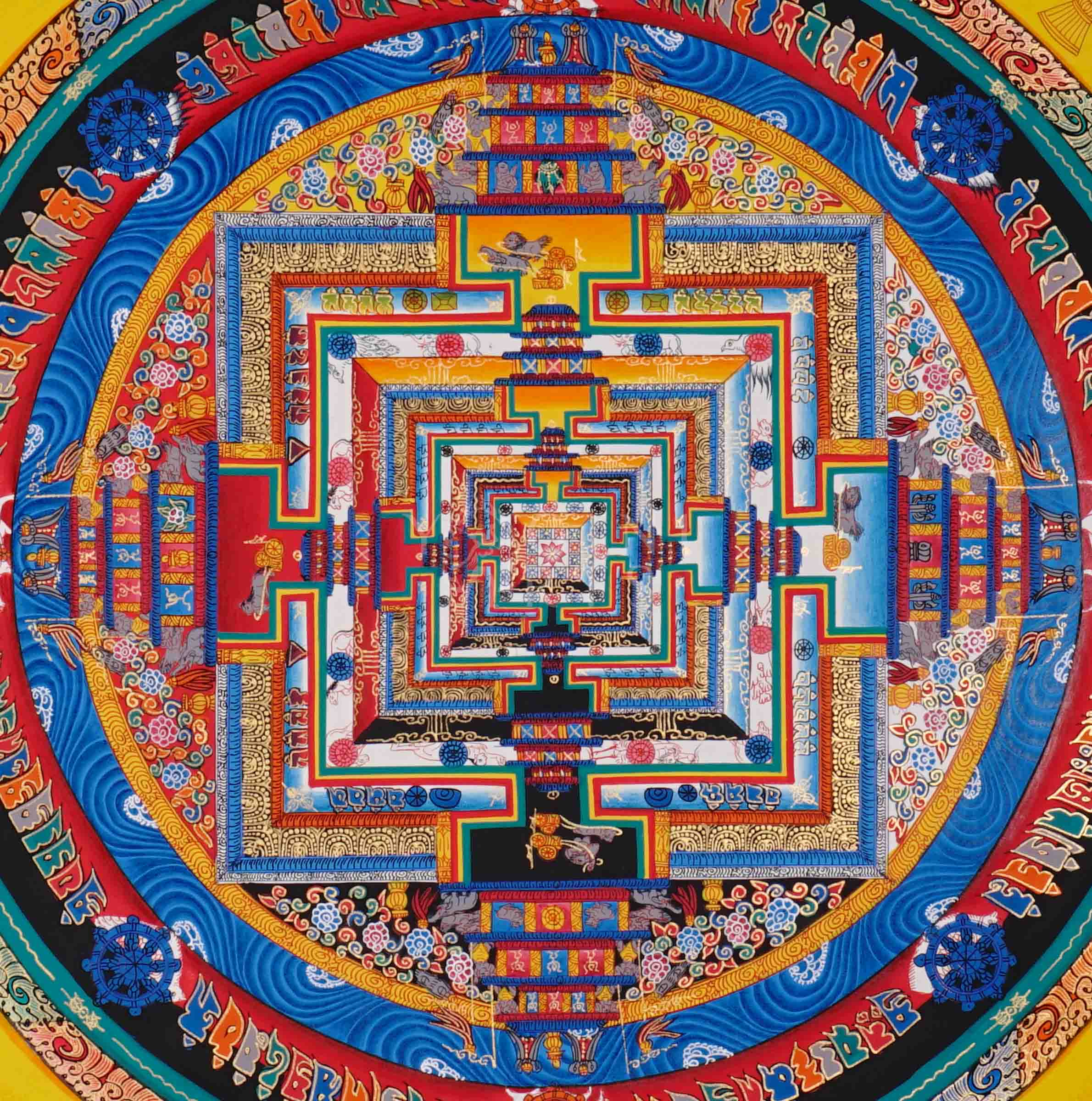 Hand painted multicolor Kalachakra Mandala thangka depicting Tibetan Wheel of Time sacred palace with bright yellow background